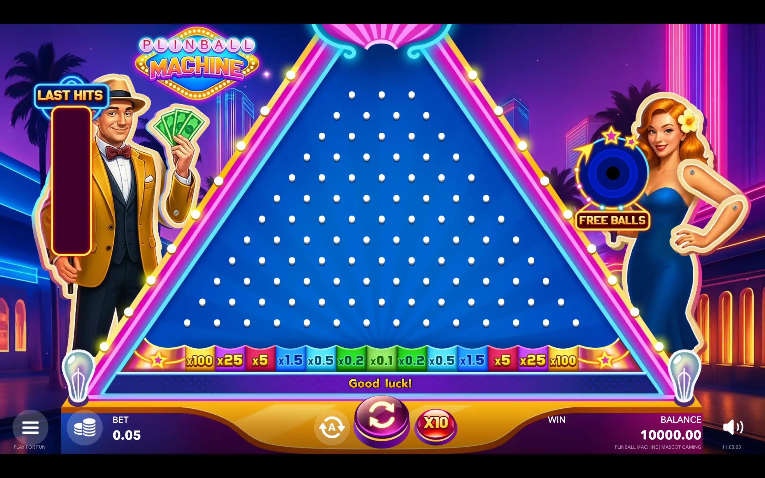 A bright neon Plinball Machine slot interface features a triangular blue plinko board, multiplier pockets from x0.1 to x100, a retro-styled man, and a pin-up hostess in a futuristic city setting.