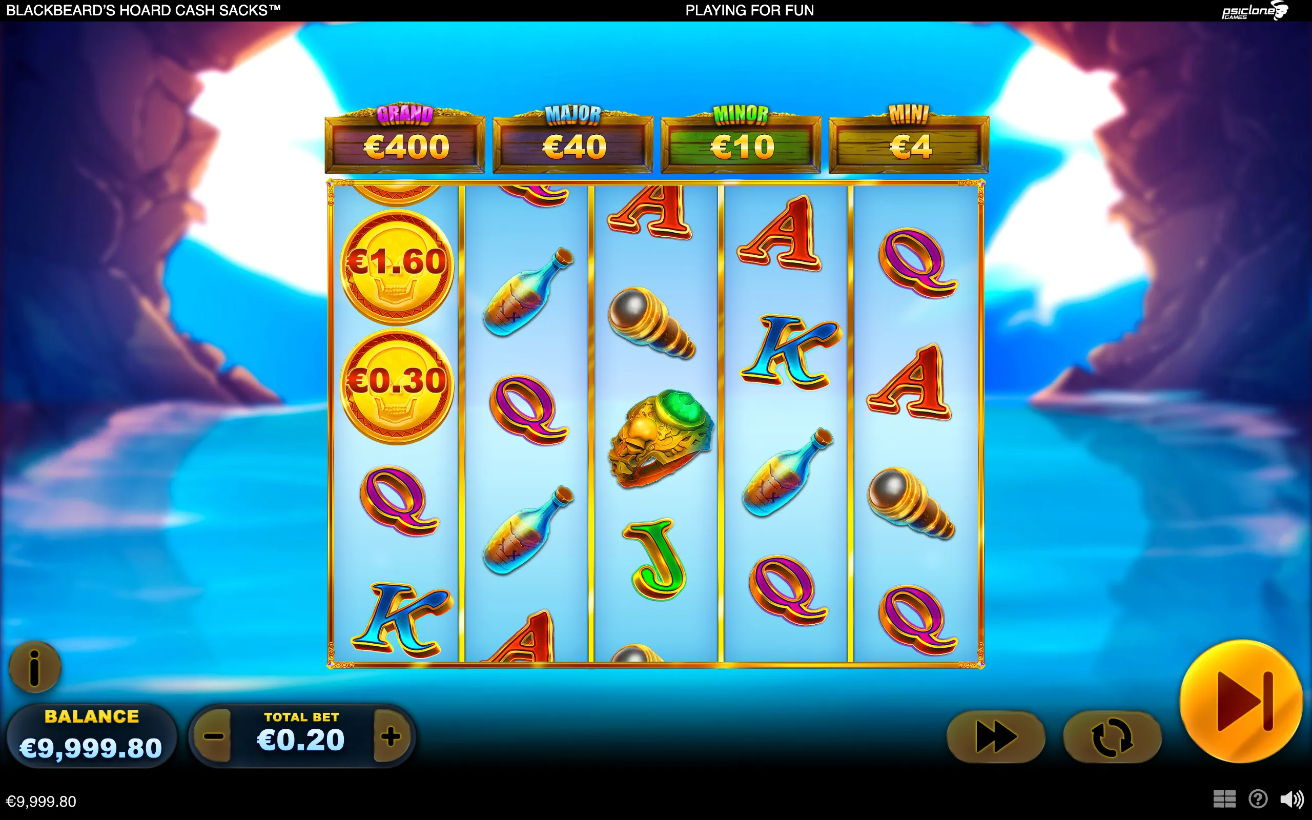 Blackbeard-themed slot interface with five reels, cash-value coin symbols, pirate items, card ranks, and Grand, Major, Minor, and Mini prize meters over a tropical ocean backdrop.