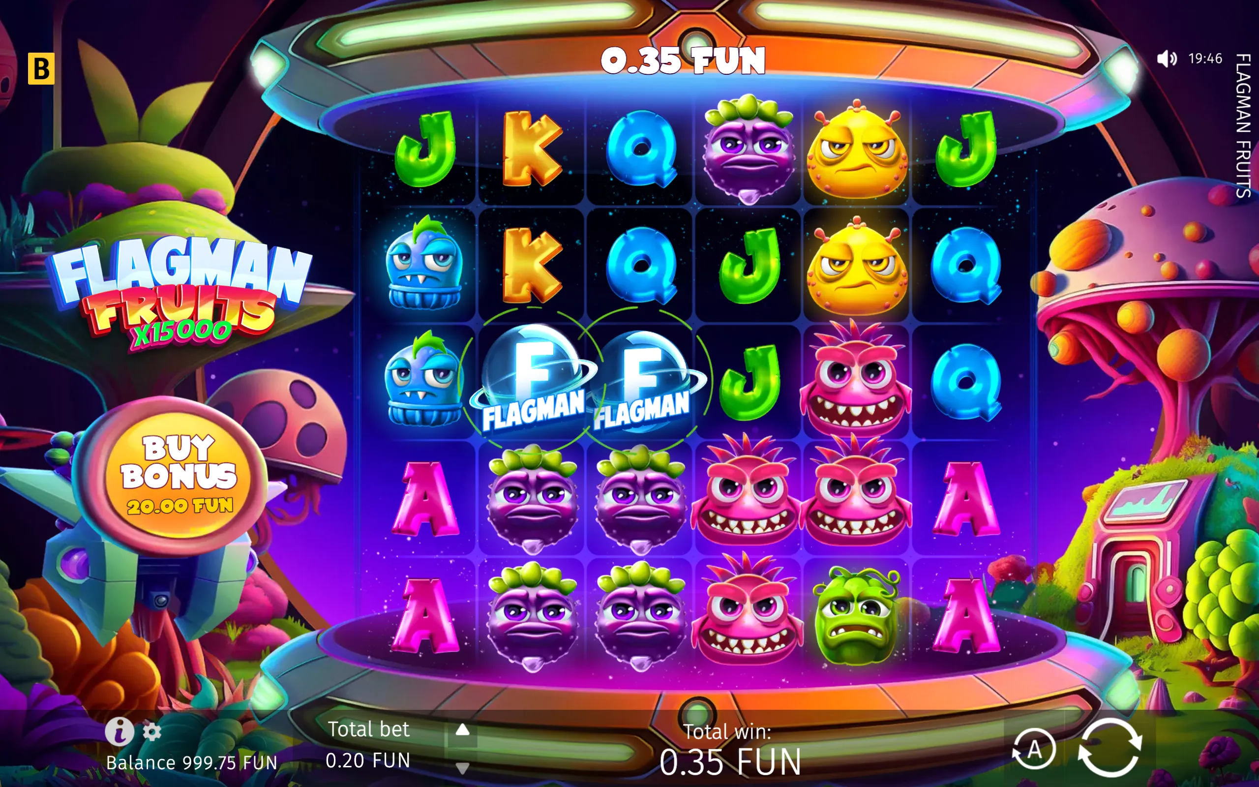 Flagman Fruits slot interface with cartoon alien fruit characters, letter symbols, highlighted Flagman emblems, and a colorful futuristic space-themed backdrop.