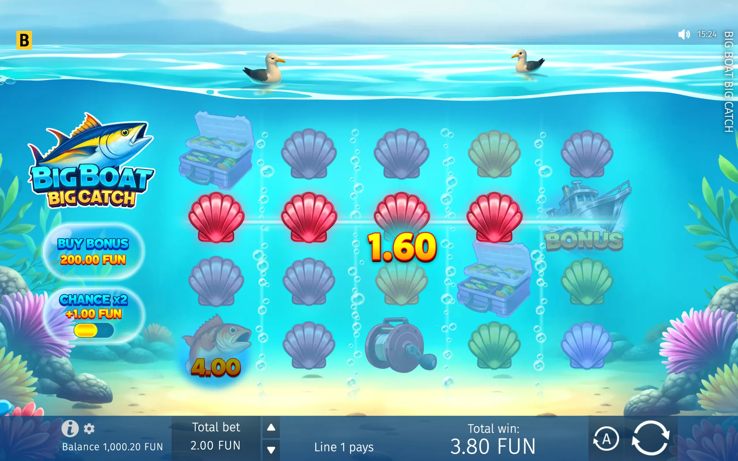 Bright underwater fishing slot scene with seashell symbols, tackle boxes, fish, a boat, bubbles, and a large Big Boat Big Catch logo.