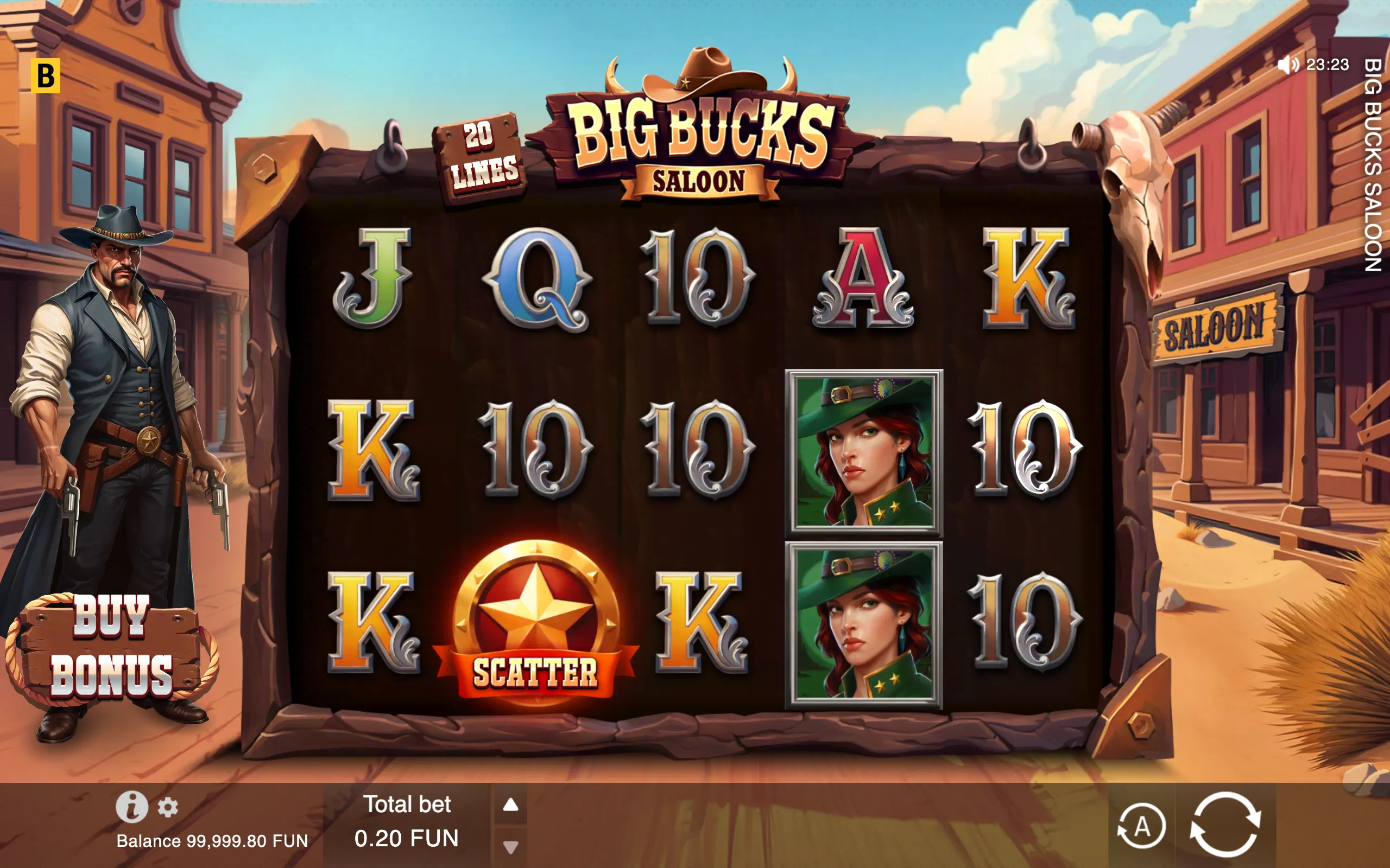 Big Bucks Saloon slot interface with a cowboy, cowgirl symbols, sheriff badge scatter, western town backdrop, 20 lines, and Buy Bonus option.