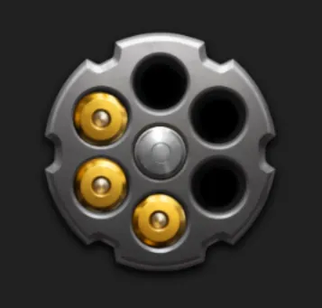 Metallic revolver cylinder with three gold-filled chambers and three empty chambers against a dark background, representing the saloon-themed slot Big Bucks Saloon.