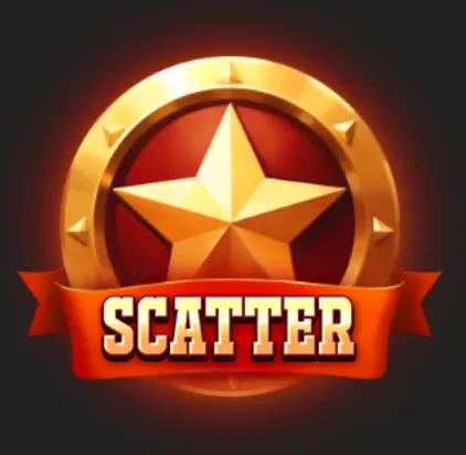 A large golden sheriff-style star inside a circular badge, paired with a red ribbon labeled SCATTER against a dark glowing backdrop.