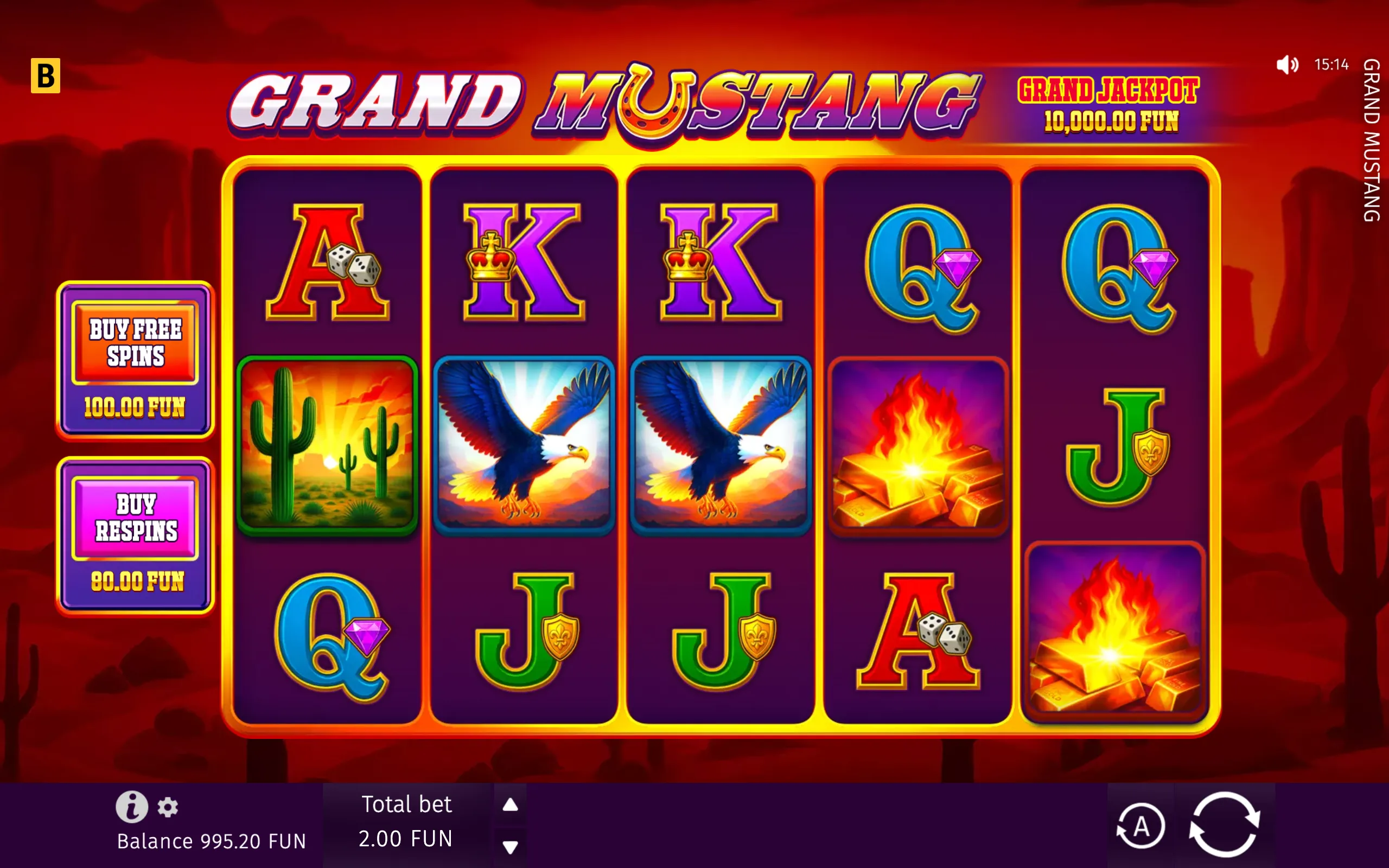 Grand Mustang slot interface with five reels, Western desert scenery, eagles, cacti, gold bars, playing-card symbols, and buy-feature buttons.