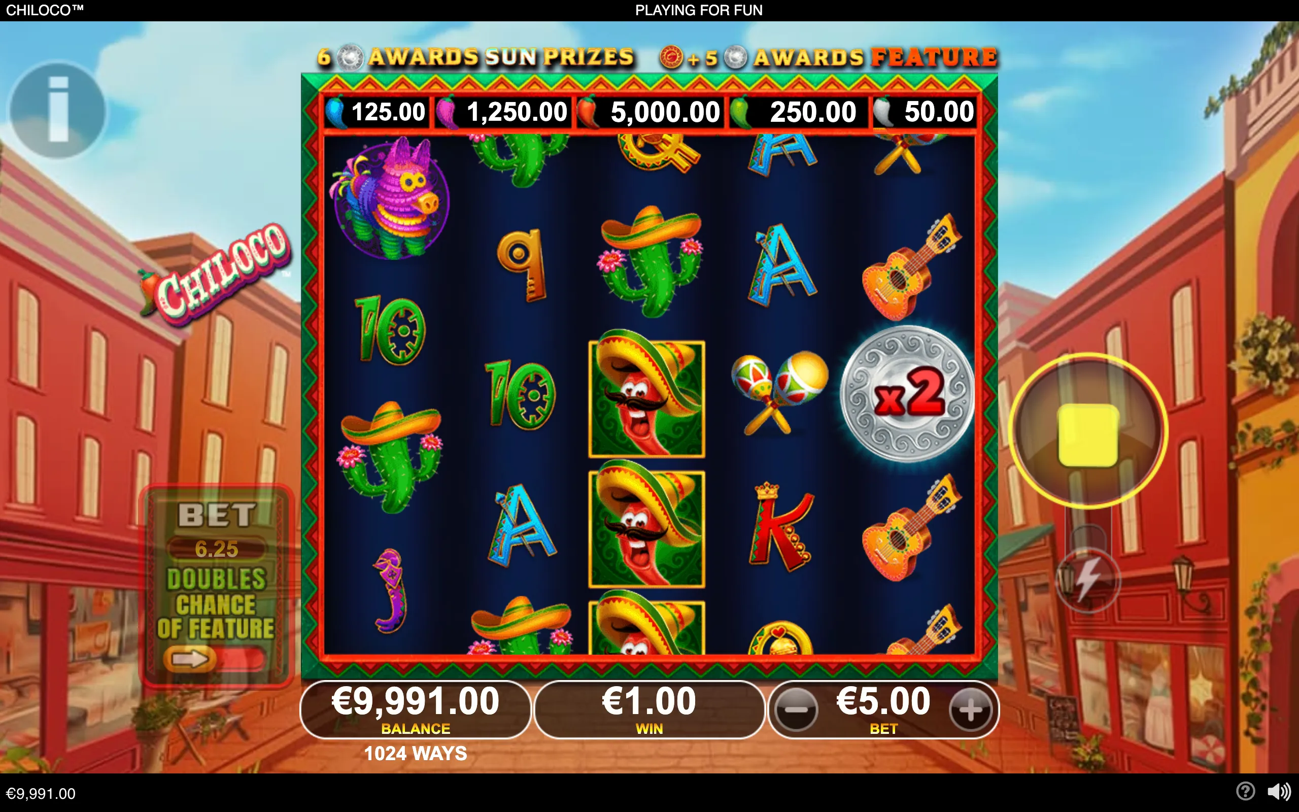 Chiloco slot reels filled with sombrero-wearing cacti, maracas, guitars, colorful letters, a comic chili character, and coin symbols against a sunlit Mexican town backdrop.