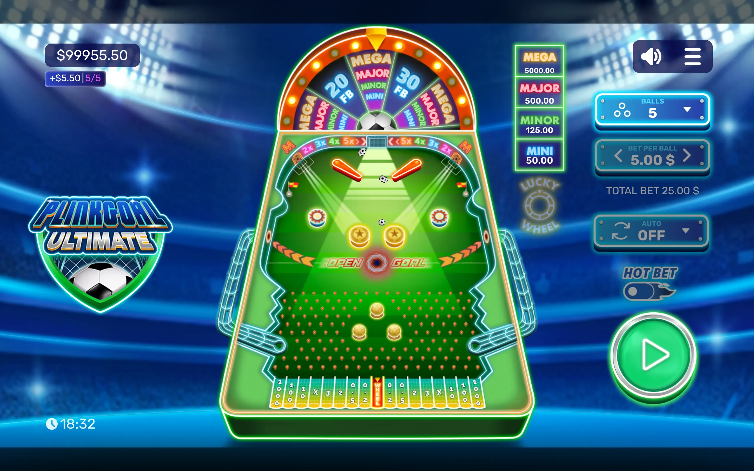 Bright soccer-themed Plinko slot interface with falling footballs, bumpers, a goal, prize wheel, jackpot tiers, and neon stadium lighting.