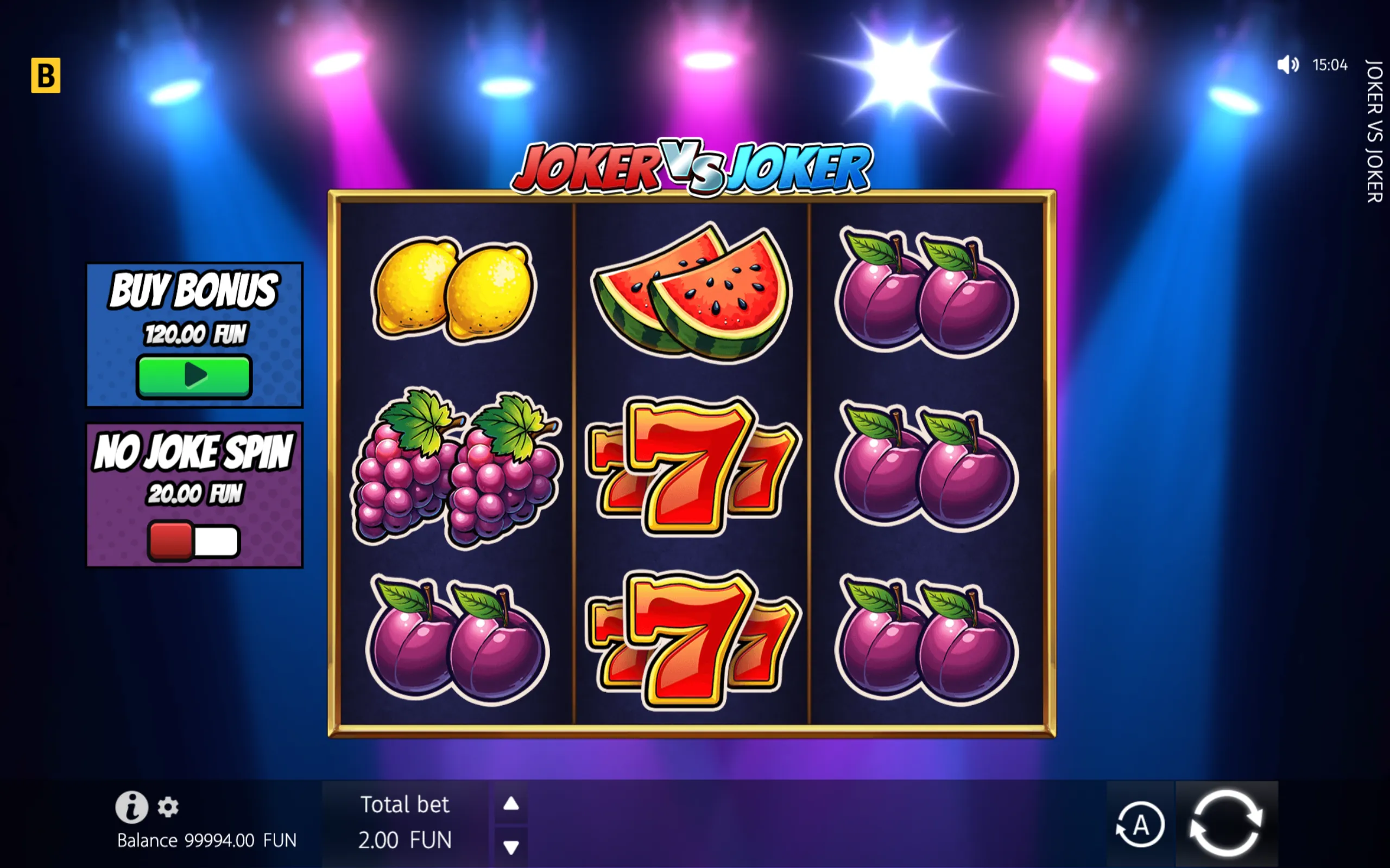 Joker vs Joker slot interface with fruit symbols, red sevens, a gold-framed 3x3 reel layout, neon blue and pink lighting, and Buy Bonus and No Joke Spin options.
