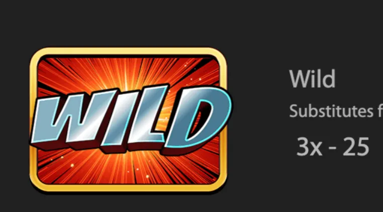 A large metallic WILD symbol bursts from a fiery red and orange radial background, paired with text describing its substitution function.