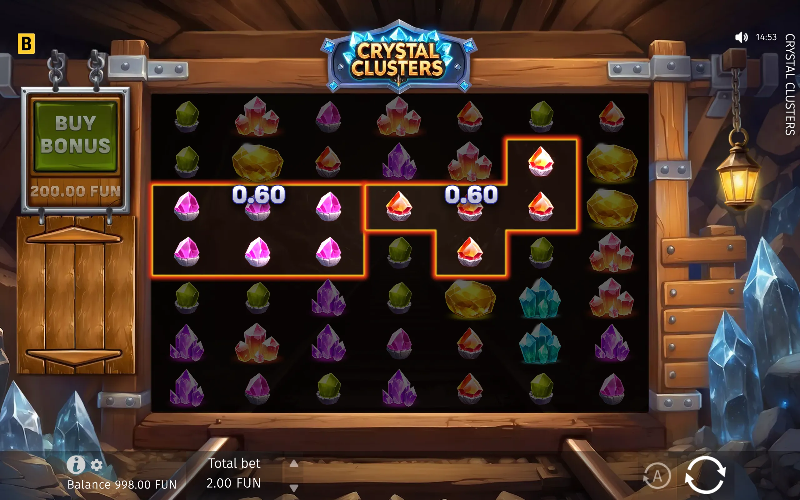 Crystal Clusters slot interface featuring colorful gemstone symbols, glowing winning clusters, and a wooden mine setting with icy crystal formations.