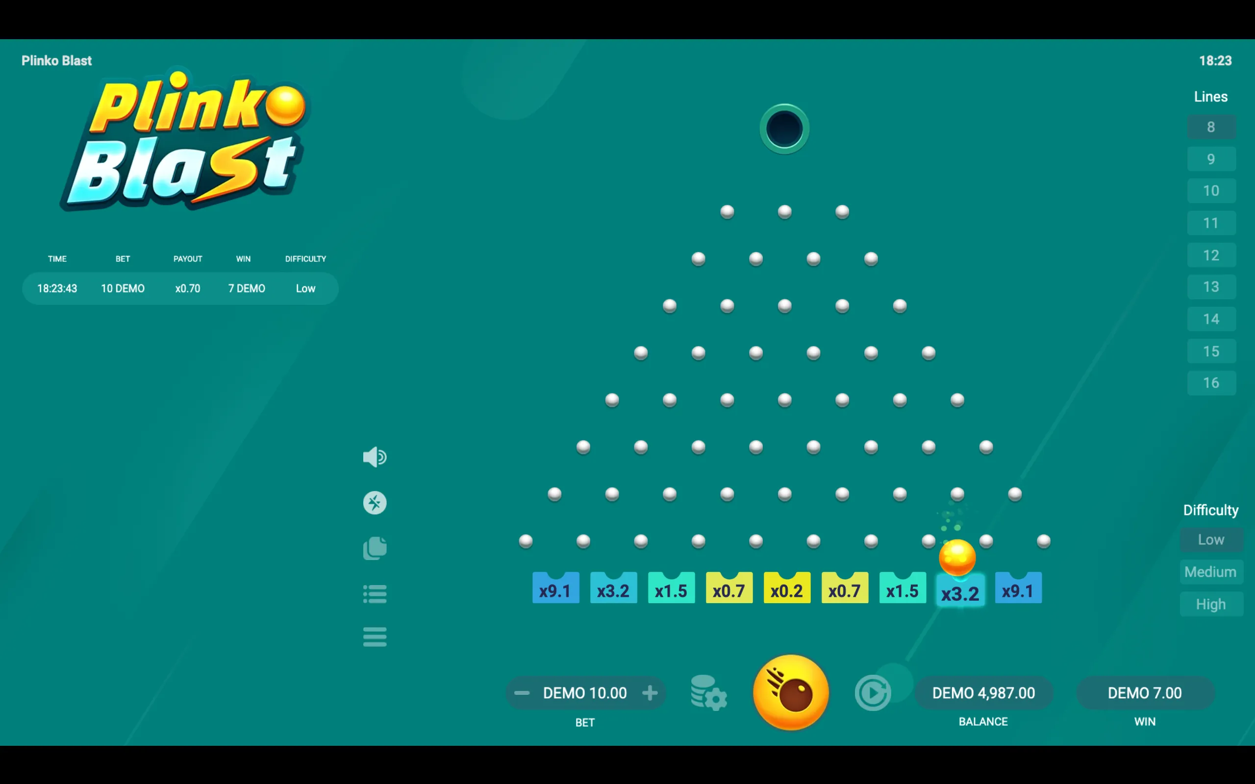 Plinko Blast slot interface with a glowing orange ball bouncing through rows of white pegs toward colorful multiplier slots on a teal background.