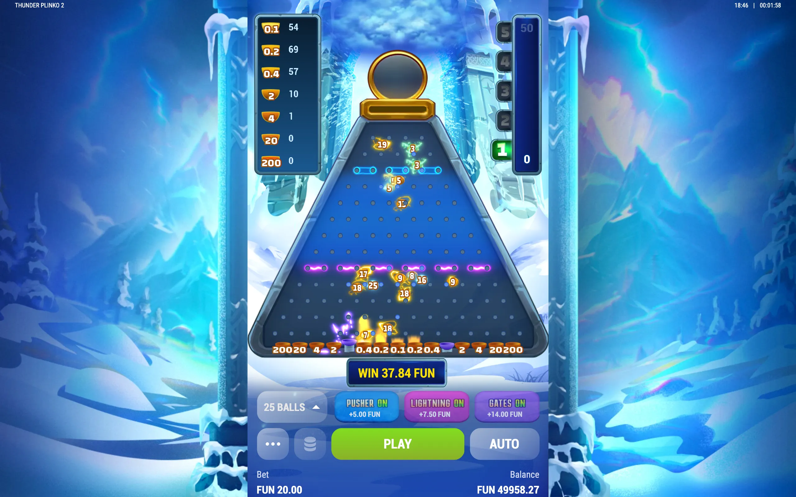 Thunder Plinko 2 displays an icy blue plinko board filled with glowing numbered balls, payout pockets, multiplier values, and gold-and-neon arcade controls.