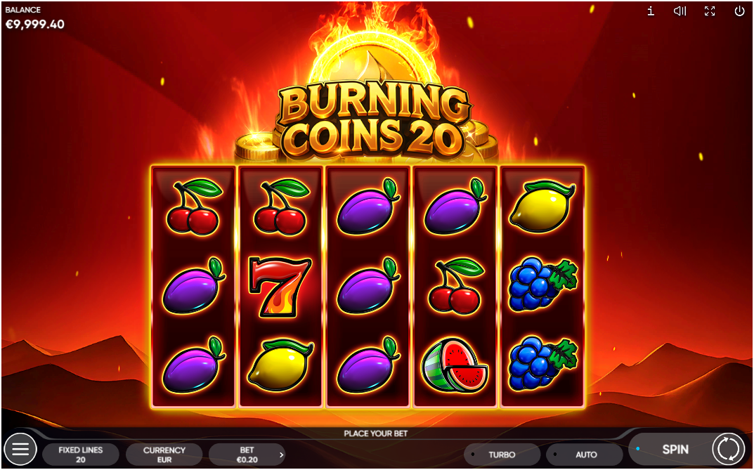 A 5x3 slot reel displays fruit symbols including cherries, plums, lemons, grapes, a red seven, and game UI elements.
