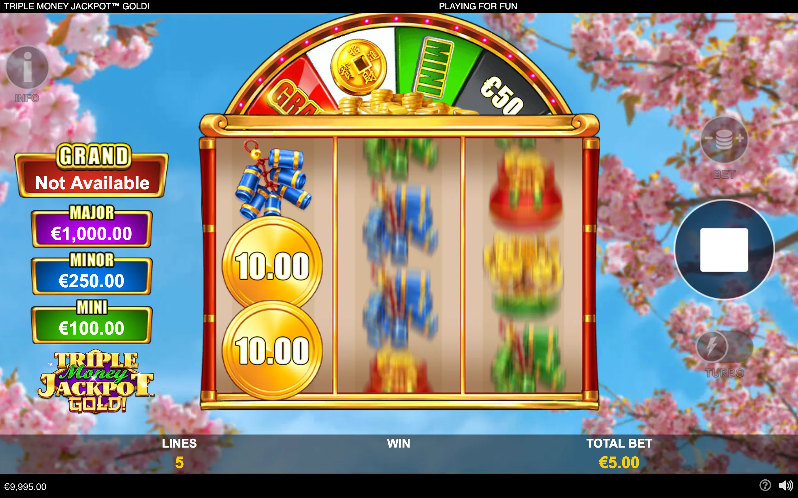 Triple Money Jackpot Gold slot interface with spinning reels, €10.00 gold coin symbols, a jackpot wheel, and cherry-blossom scenery.