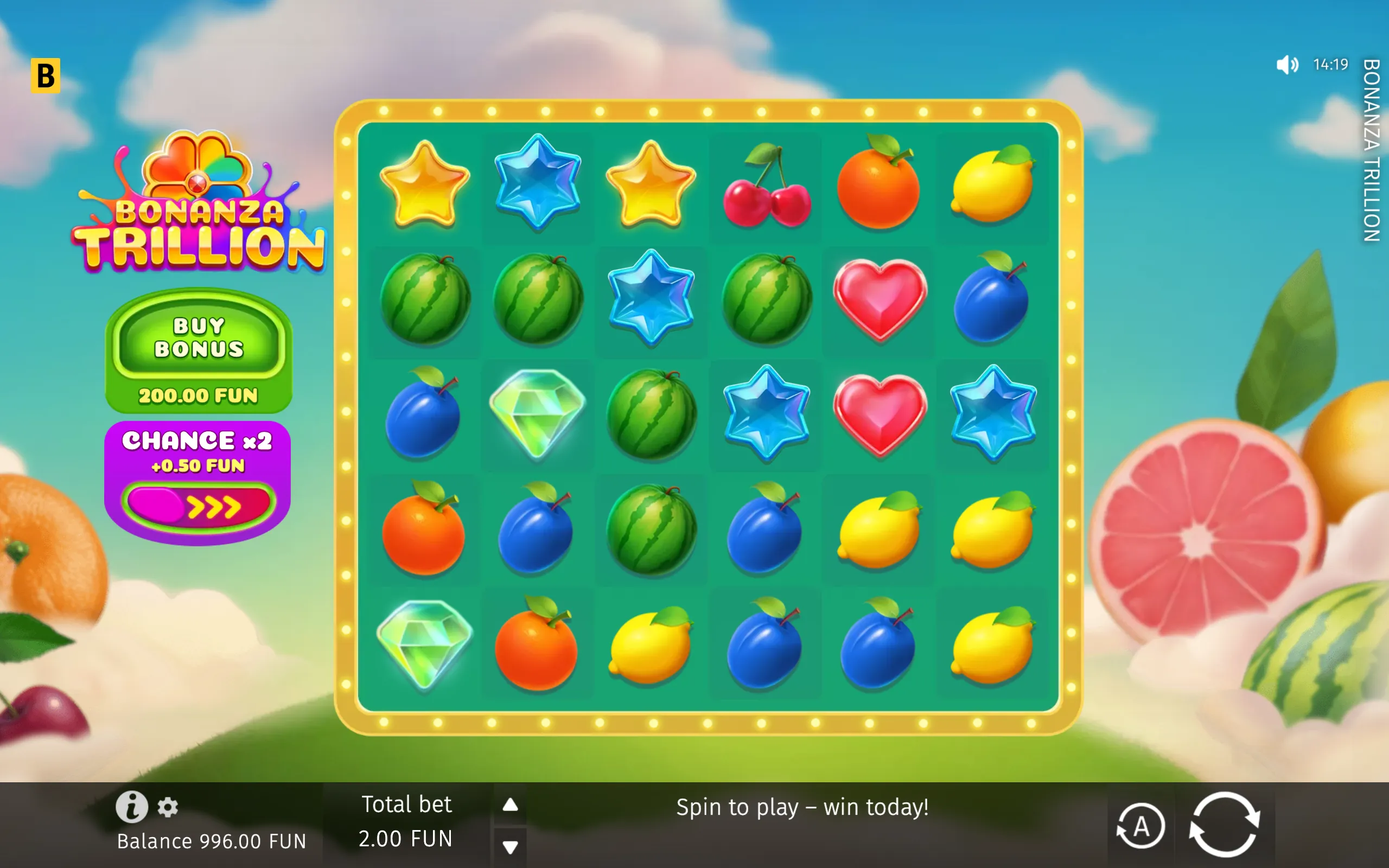 Bright Bonanza Trillion slot interface with a six-reel fruit layout, colorful stars, hearts, a diamond, and a sunny fruit-themed backdrop.
