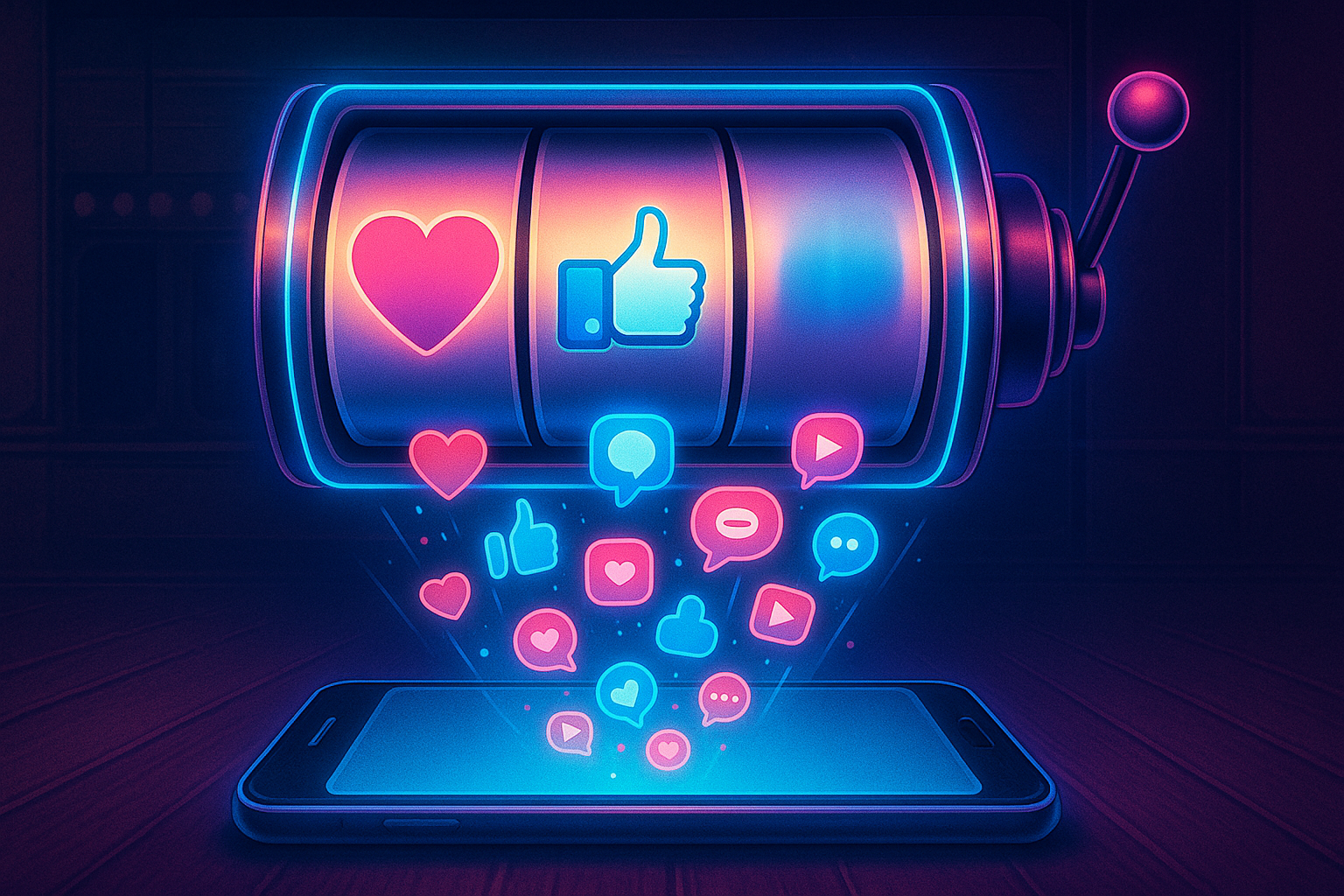 A glowing slot machine reel displays a heart and a thumbs-up symbol, with neon social media icons flowing into a smartphone.