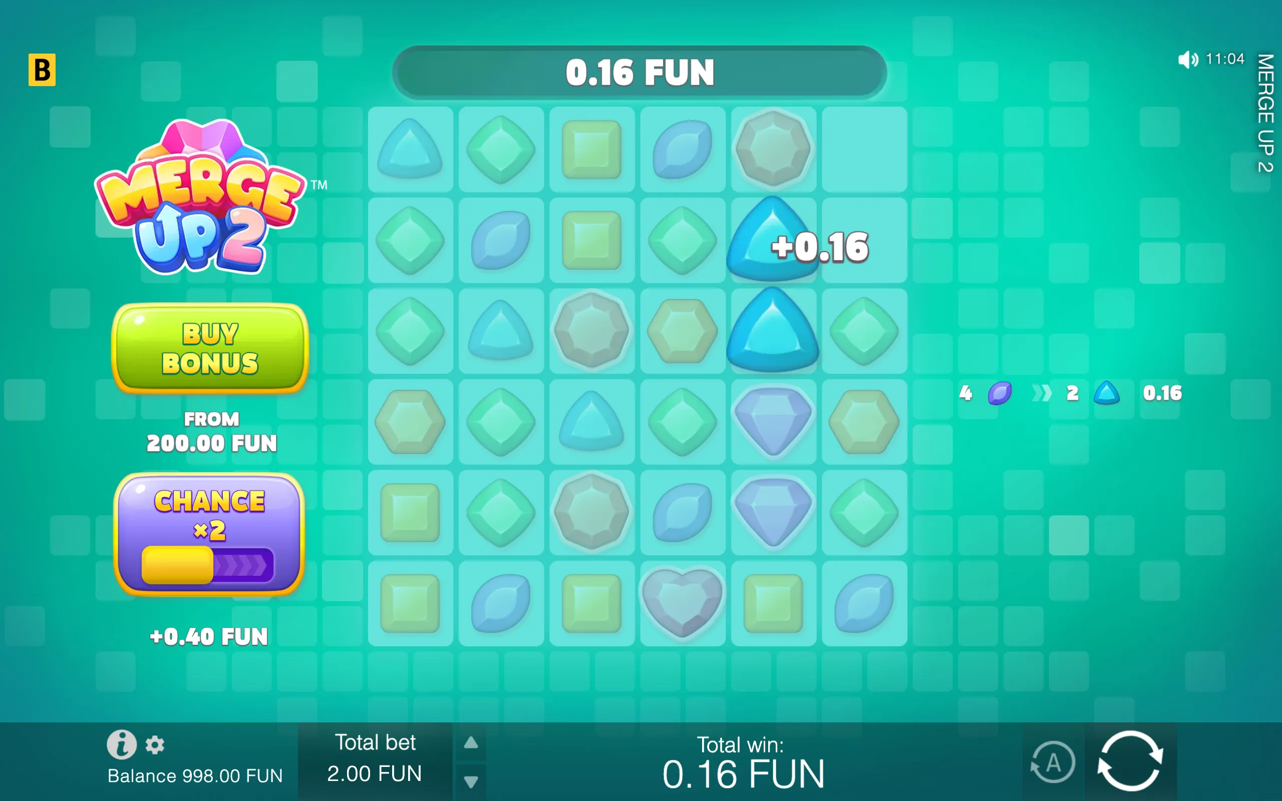 Merge Up 2 slot game interface with a turquoise tiled background, colorful geometric symbols, a blue triangle marked +0.16, and a visible Buy Bonus panel.
