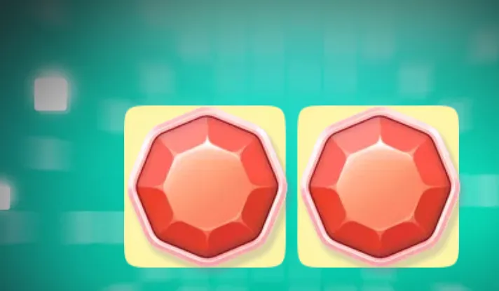 Two matching red-orange faceted gem symbols sit on yellow tiles against a softly blurred turquoise game-board backdrop.