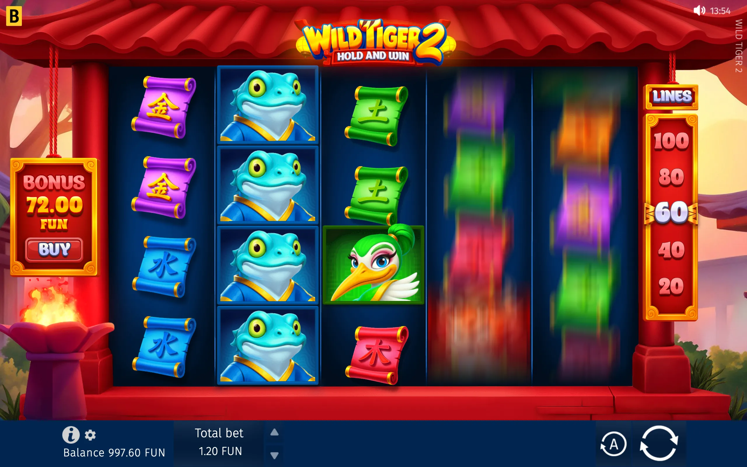 Wild Tiger 2 slot interface with cartoon aquatic and bird characters, colorful Chinese scroll symbols, a red temple-style canopy, bonus-buy panel, and spinning reels.