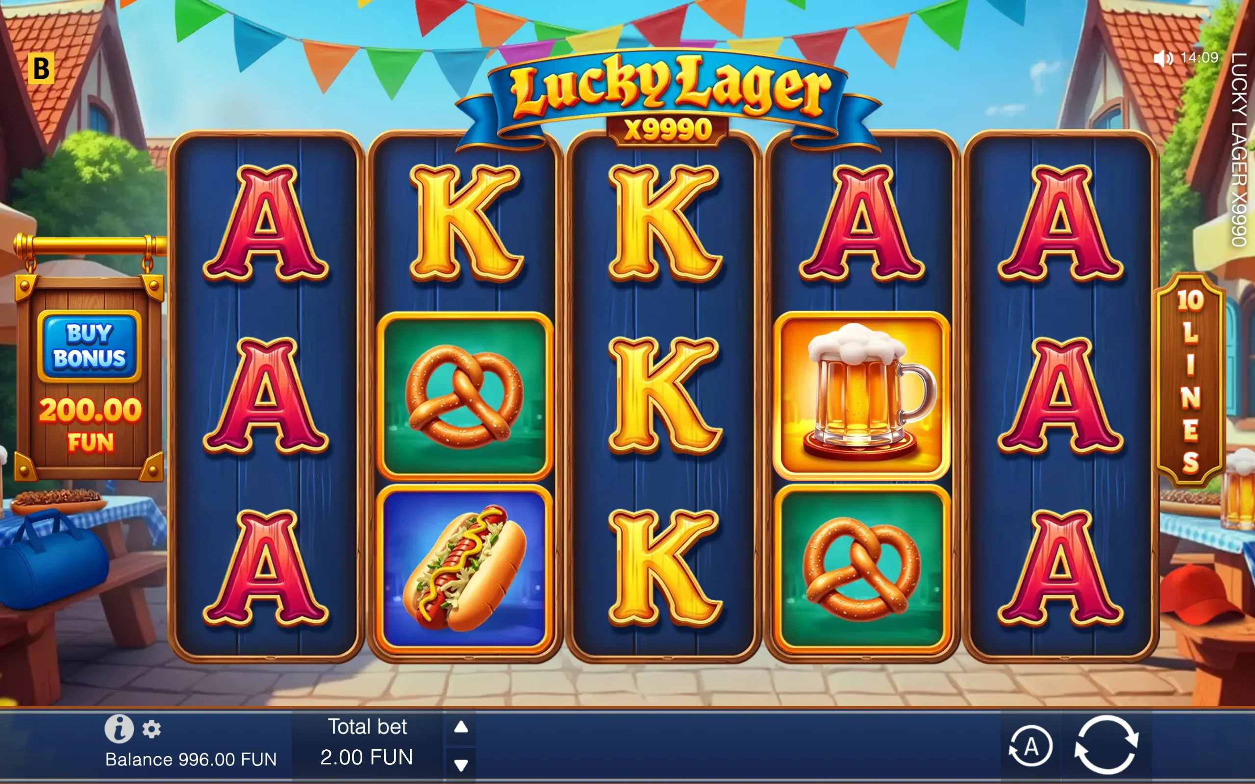 Lucky Lager x9990 slot game with five reels displaying A and K symbols, beer mugs, pretzels and hot dogs against a colorful village festival backdrop.