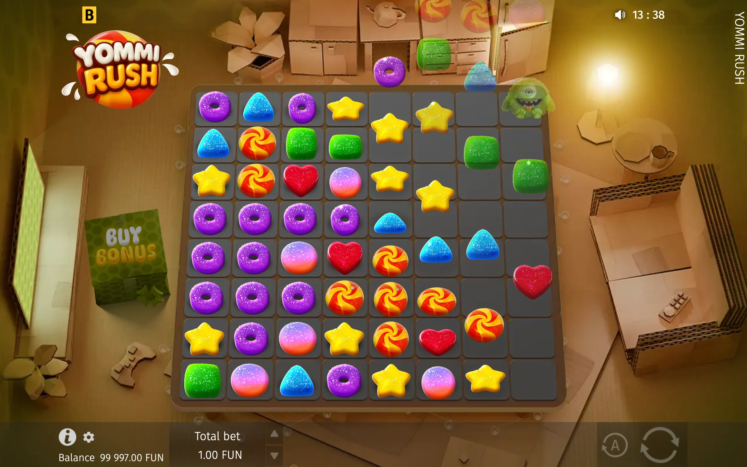 Yommi Rush slot interface filled with colourful candy symbols, a green monster character, and a visible Buy Bonus option over a warm candy-themed setting.
