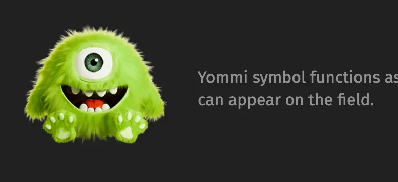 A fuzzy lime-green one-eyed monster with sharp teeth and a cheerful grin beside text describing the Yommi symbol in the slot game.