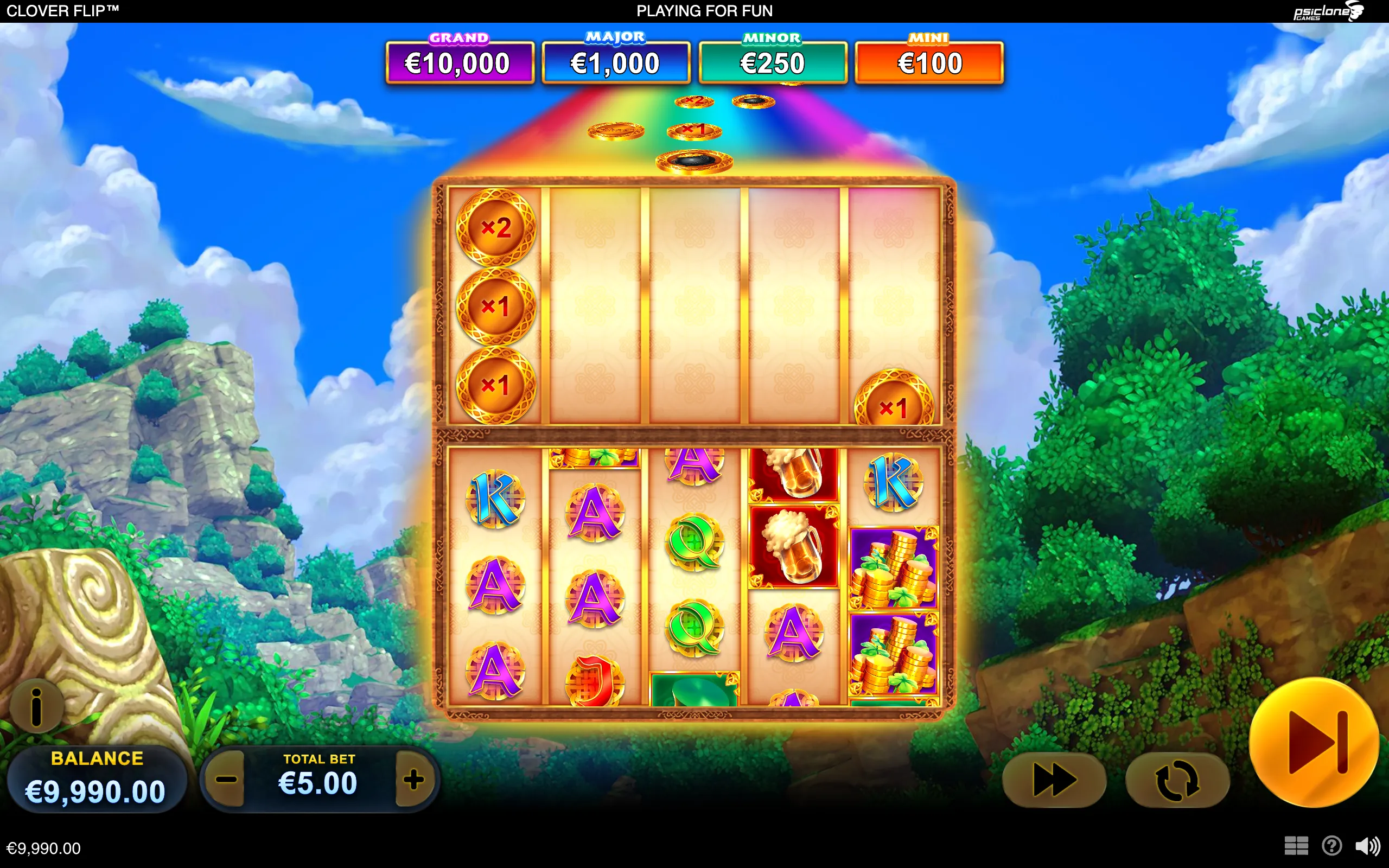 Clover Flip slot interface with gold-framed reels, multiplier coins, jackpot banners, playing-card symbols, beer mugs, coin piles, and a lush fantasy forest backdrop.