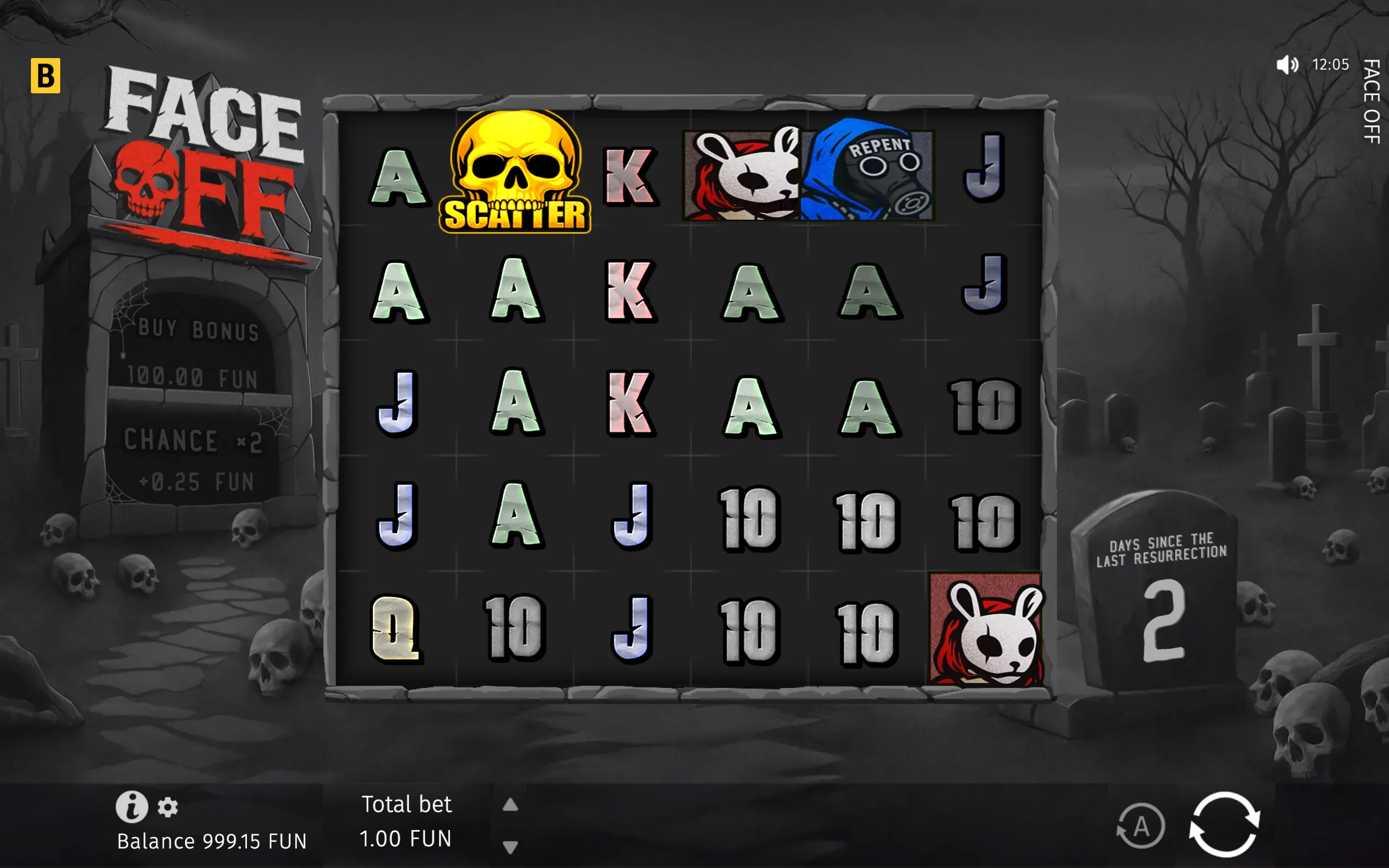 Face Off slot game interface with a six-reel, five-row layout, skull Scatter symbol, masked character symbols, playing-card ranks, and a graveyard backdrop.