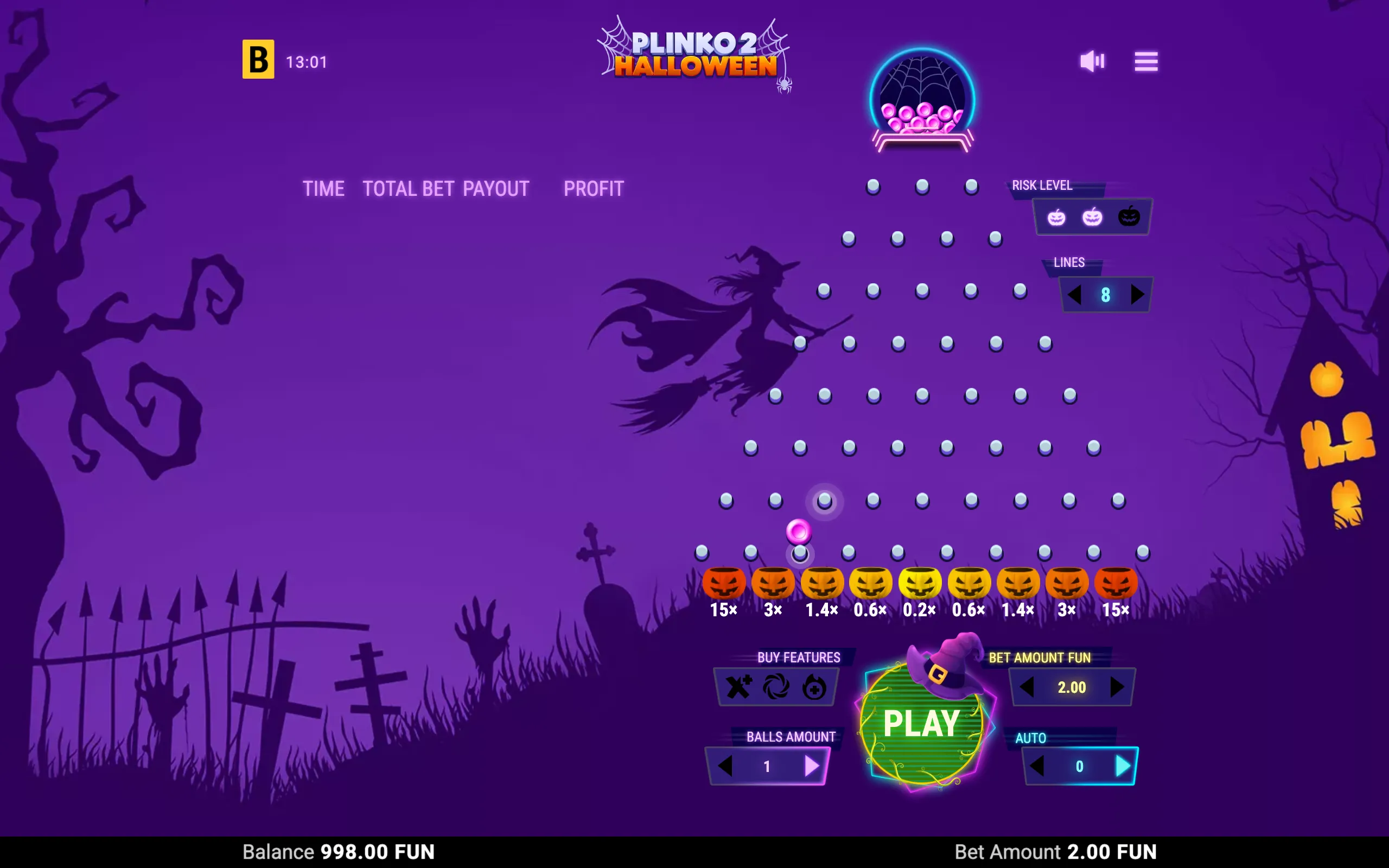 Halloween-themed Plinko game interface with a glowing pink ball dropping through pegs toward pumpkin multiplier slots from 0.2x to 15x, framed by a witch, haunted trees, graves, and purple neon styling.