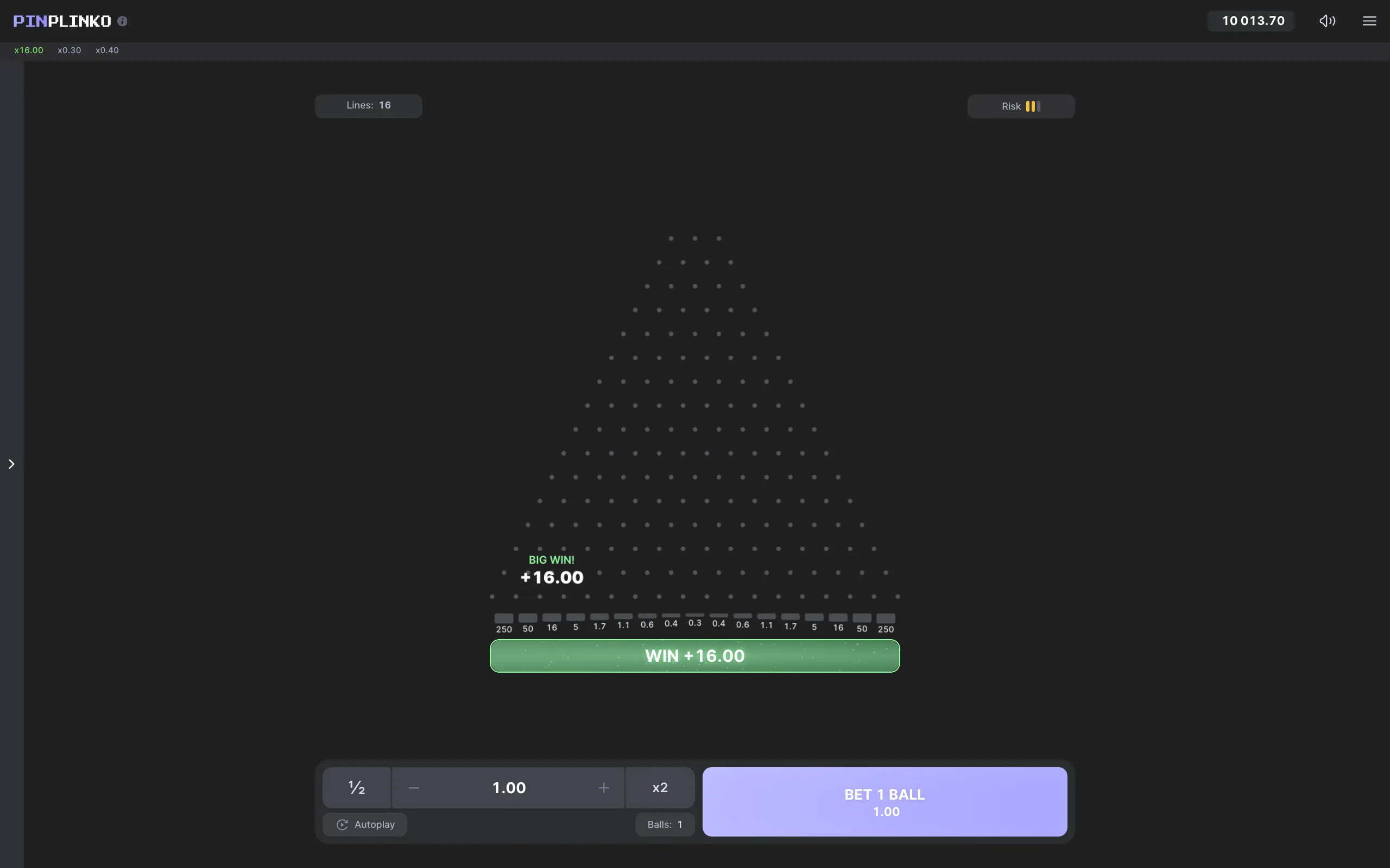 Dark Pin Plinko game interface with a triangular peg board, multiplier slots from 0.3 to 250, and a glowing green Big Win result of +16.00.