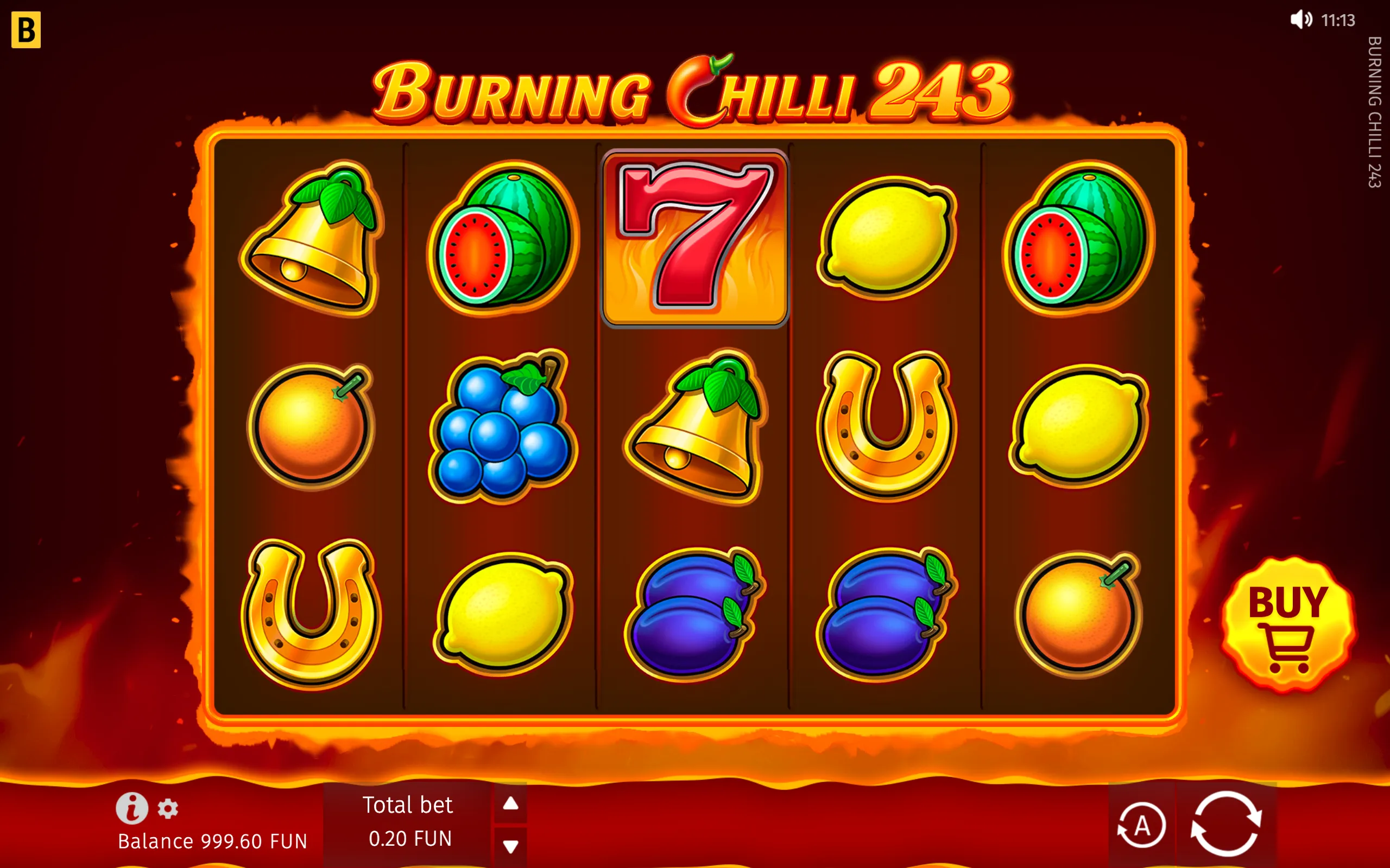 Burning Chilli 243 slot interface with five reels of fruit, bells, horseshoes, watermelons, plums, oranges, lemons, blueberries, and a flaming red 7 against a fiery red backdrop.