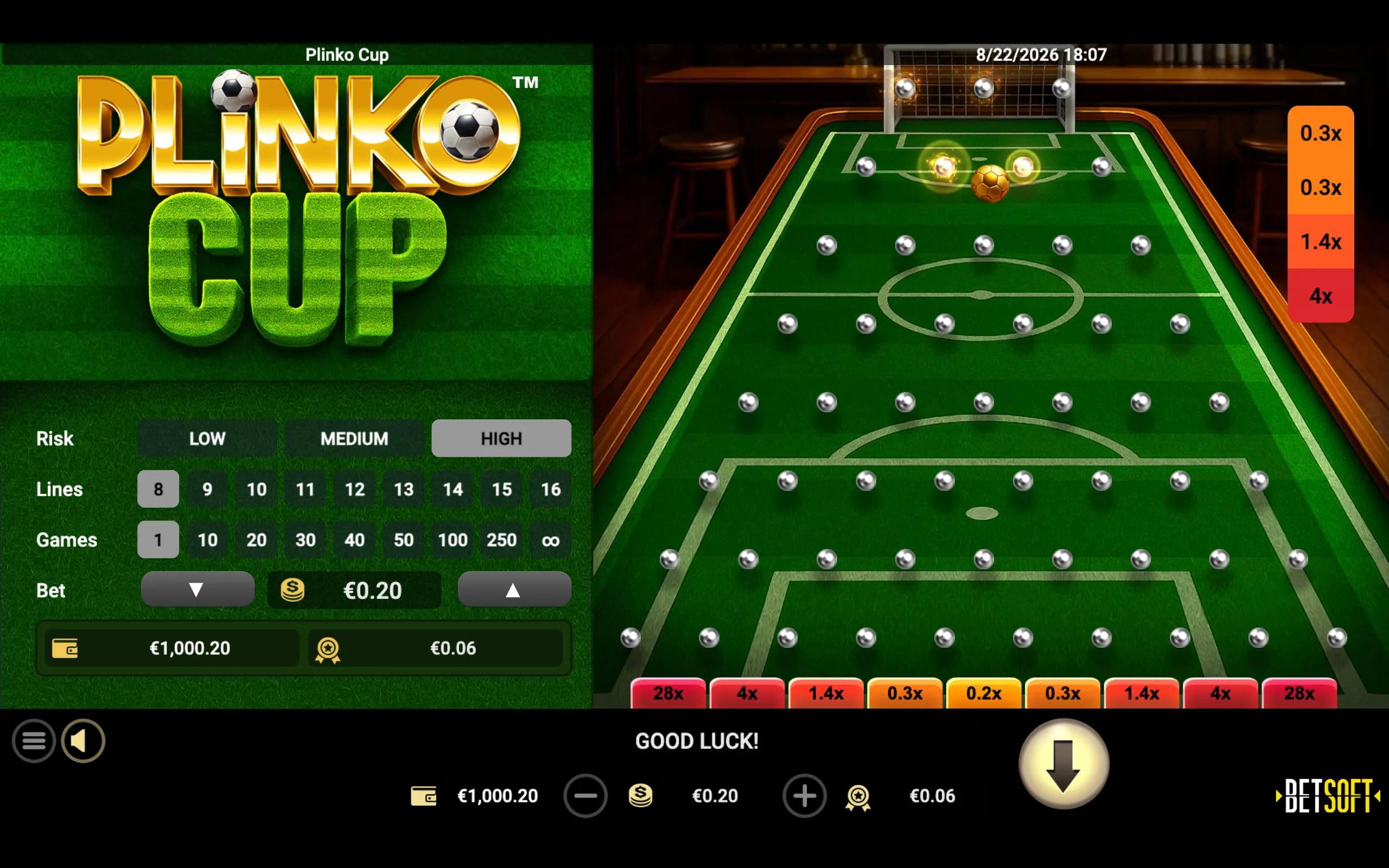 Plinko Cup slot interface with a green football pitch, soccer balls, silver pegs, multiplier lanes, and risk, lines, games, and bet controls.