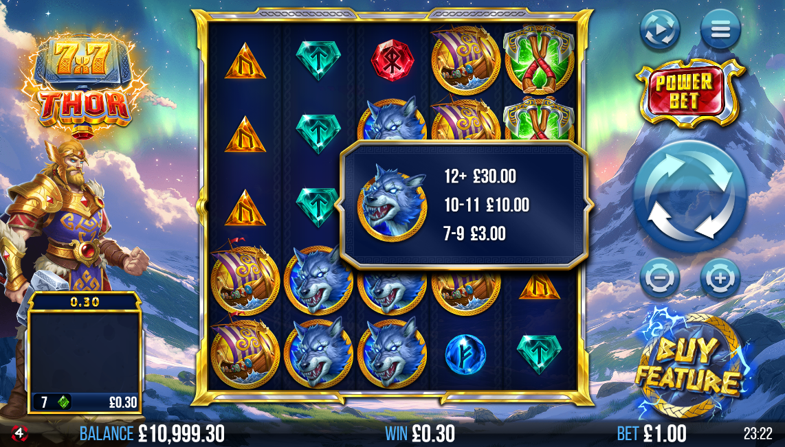 7x7 Thor slot gameplay showing wolf symbol win with paytable displaying payouts on 5x5 grid with Norse-themed symbols