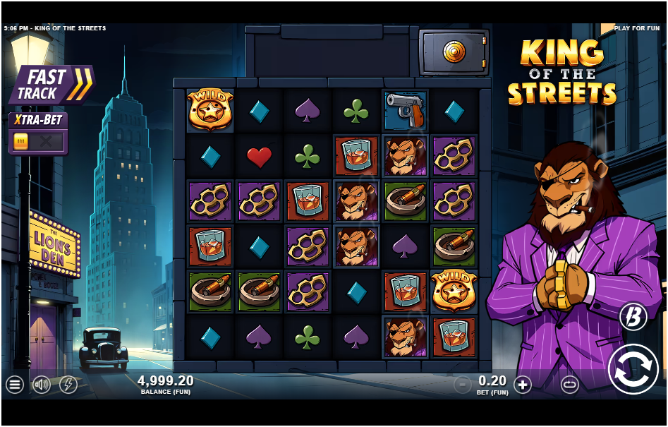 A five-reel slot game interface featuring symbols like whiskey glasses, brass knuckles, playing card suits, a lion mob boss, and UI elements such as a Fast Track button, Xtra-Bet toggle, and a cartoon lion character in a purple suit.