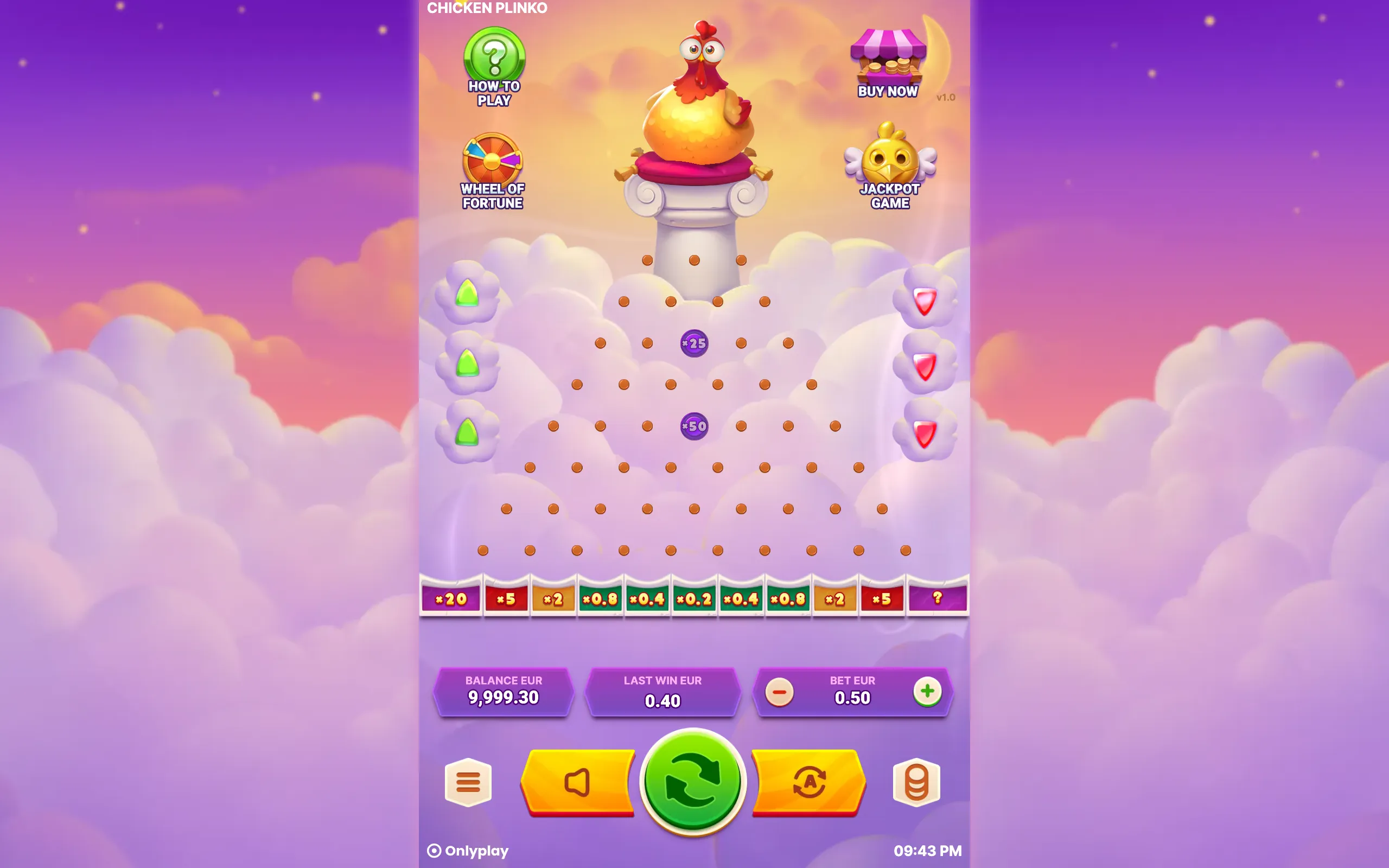 Colorful Chicken Plinko game interface featuring a cartoon chicken above a peg-filled Plinko board, multiplier lanes, jackpot and wheel-of-fortune icons, and fluffy pastel clouds.