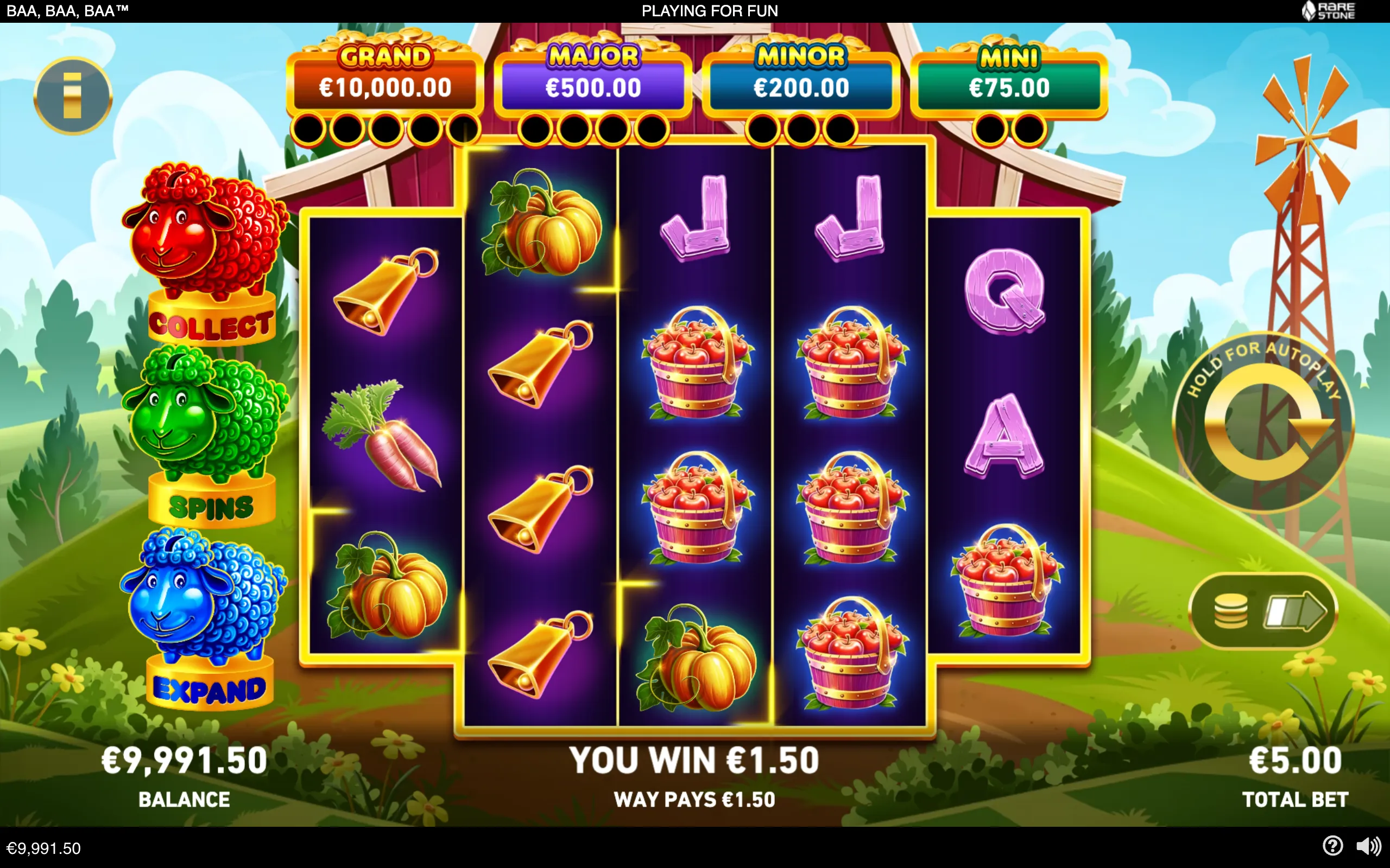 Colorful farm-themed slot interface with cartoon sheep, barnyard scenery, five reels, pumpkins, bells, apple baskets, letter symbols, jackpot meters, and a €1.50 win display.