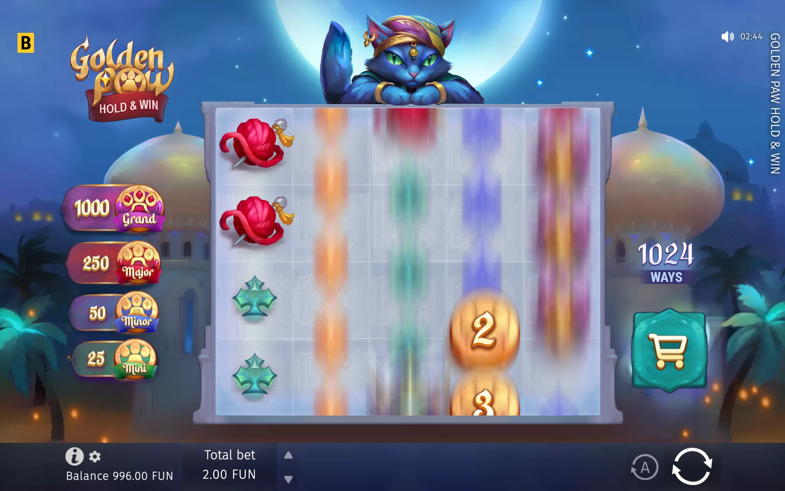 Golden Paw Hold & Win slot interface with a jeweled blue cat beneath a full moon, a 1024-ways reel grid, paw symbols, numbered gold coins, and Grand, Major, Minor, and Mini jackpot labels.