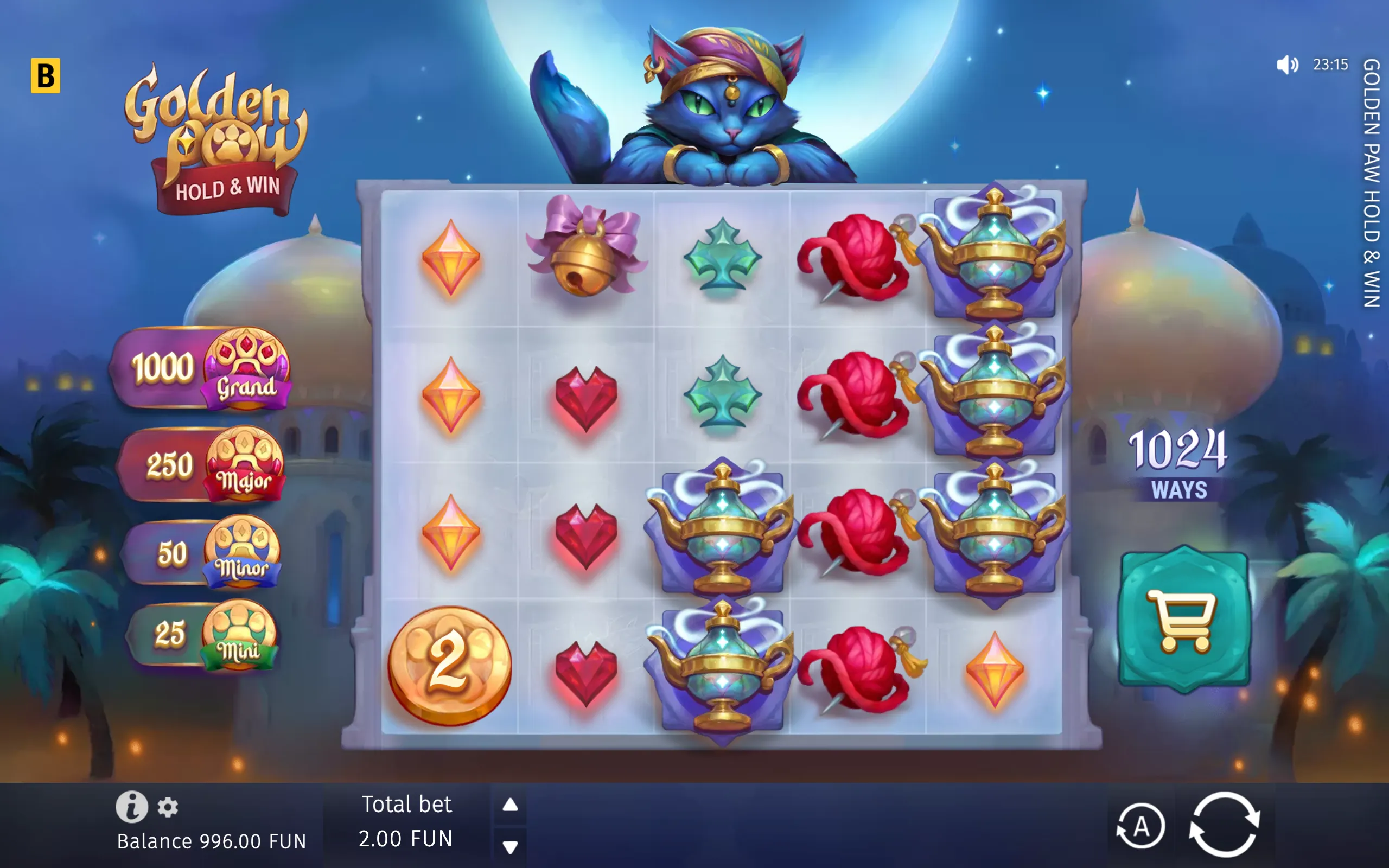 Golden Paw Hold & Win slot preview featuring a mystical blue cat, moonlit fantasy setting, teapot symbols, jackpot coins, and 1024 ways.