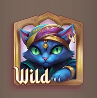 A blue cat wearing a purple and gold jester hat appears inside an ornate golden frame, with the word Wild beneath it.