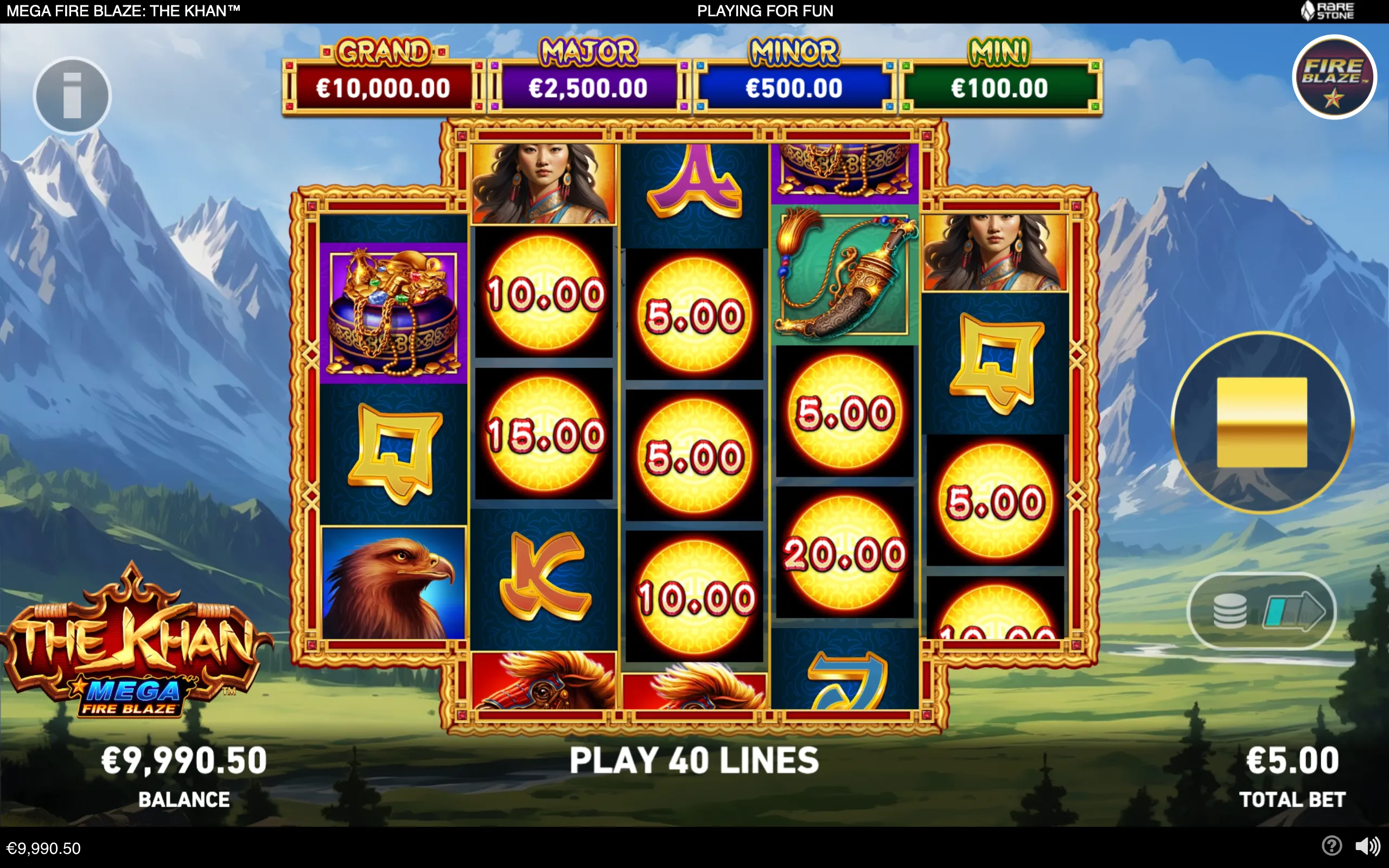 Mega Fire Blaze: The Khan slot interface features ornate gold reels with coin-value symbols, a woman, eagle, horse and jeweled treasure vessel against snowy mountain scenery. Grand, Major, Minor and Mini jackpot meters appear above the reels.