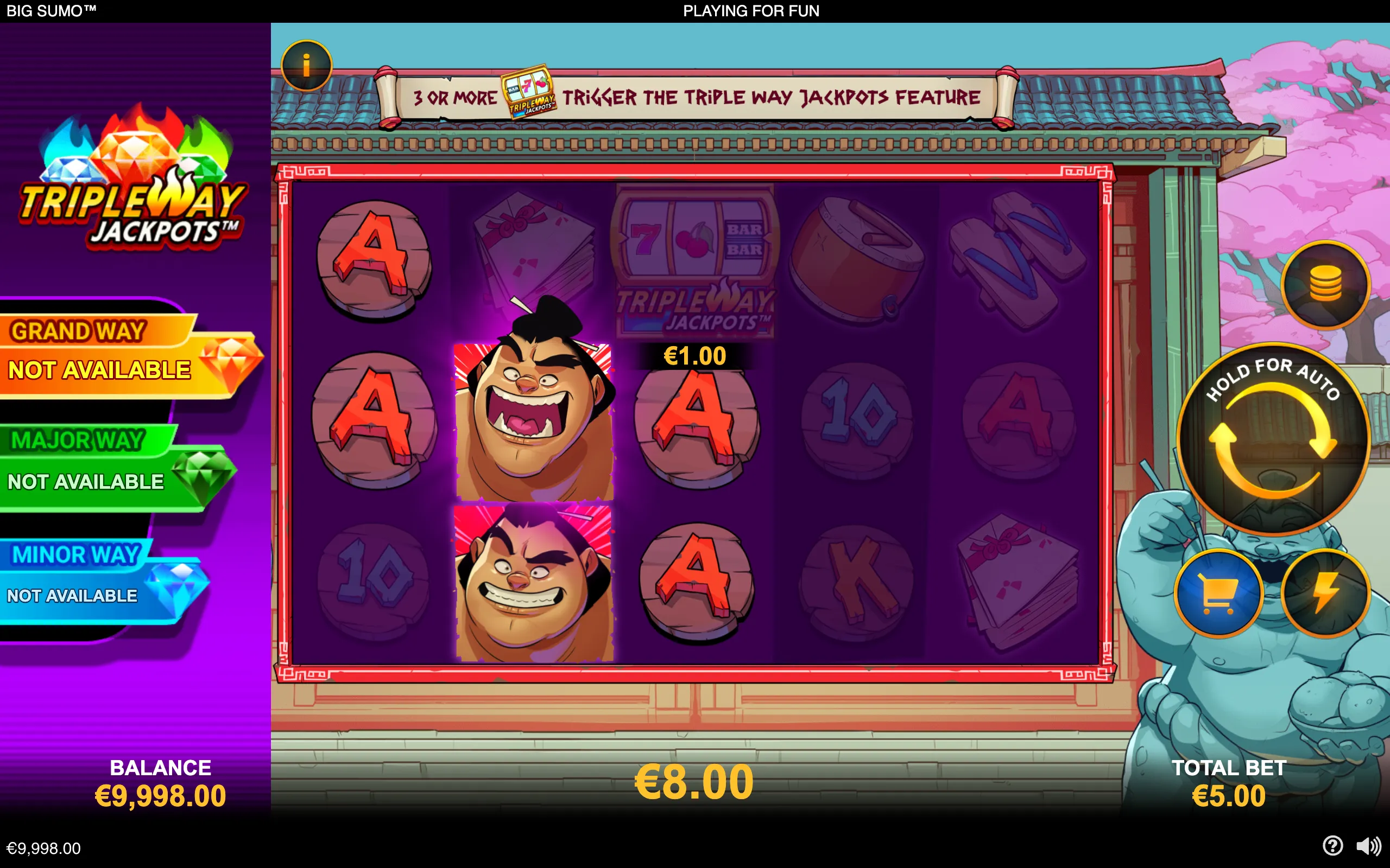 Big Sumo slot interface with a cartoon sumo wrestler, Japanese-style building, cherry blossoms, glowing reel symbols, and Triple Way Jackpots branding.