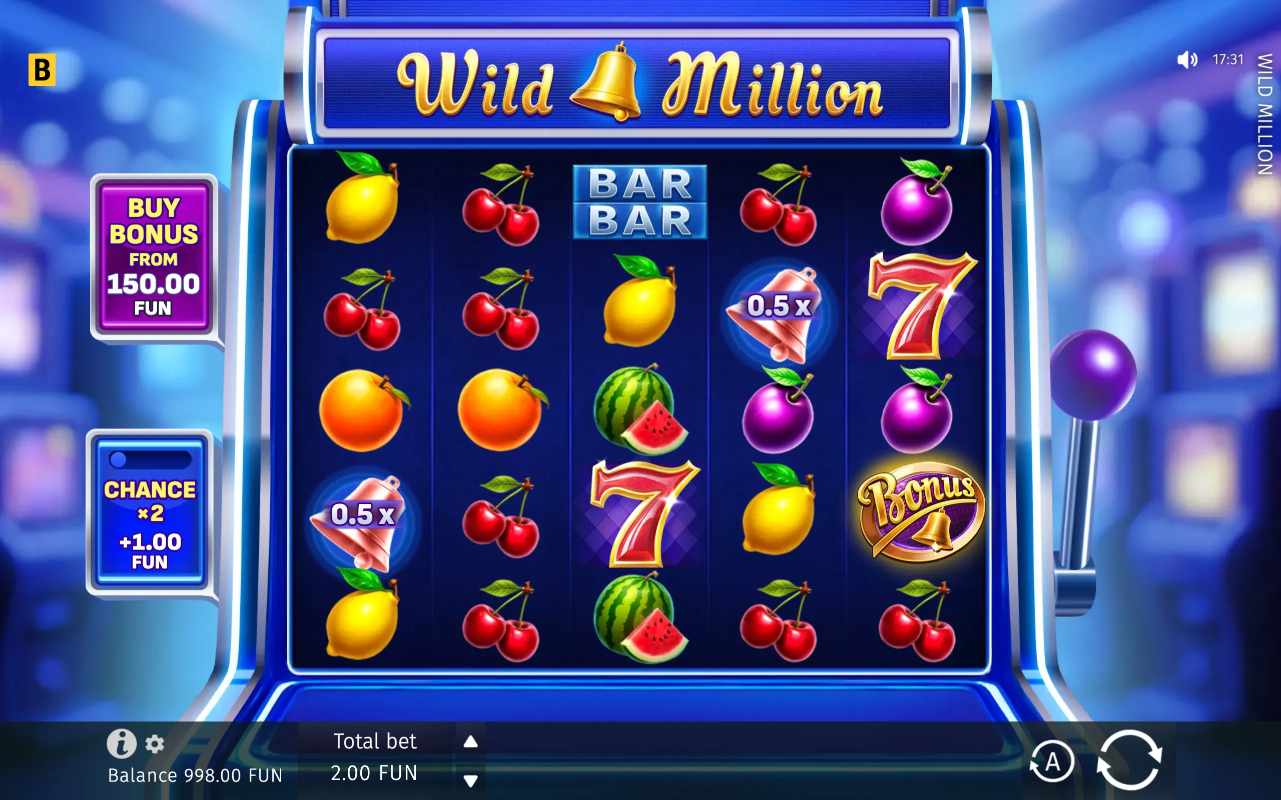 Wild Million slot machine interface with colorful fruit, BAR, 7, 0.5x multiplier, and Bonus bell symbols on blue reels, plus bonus purchase and chance panels.