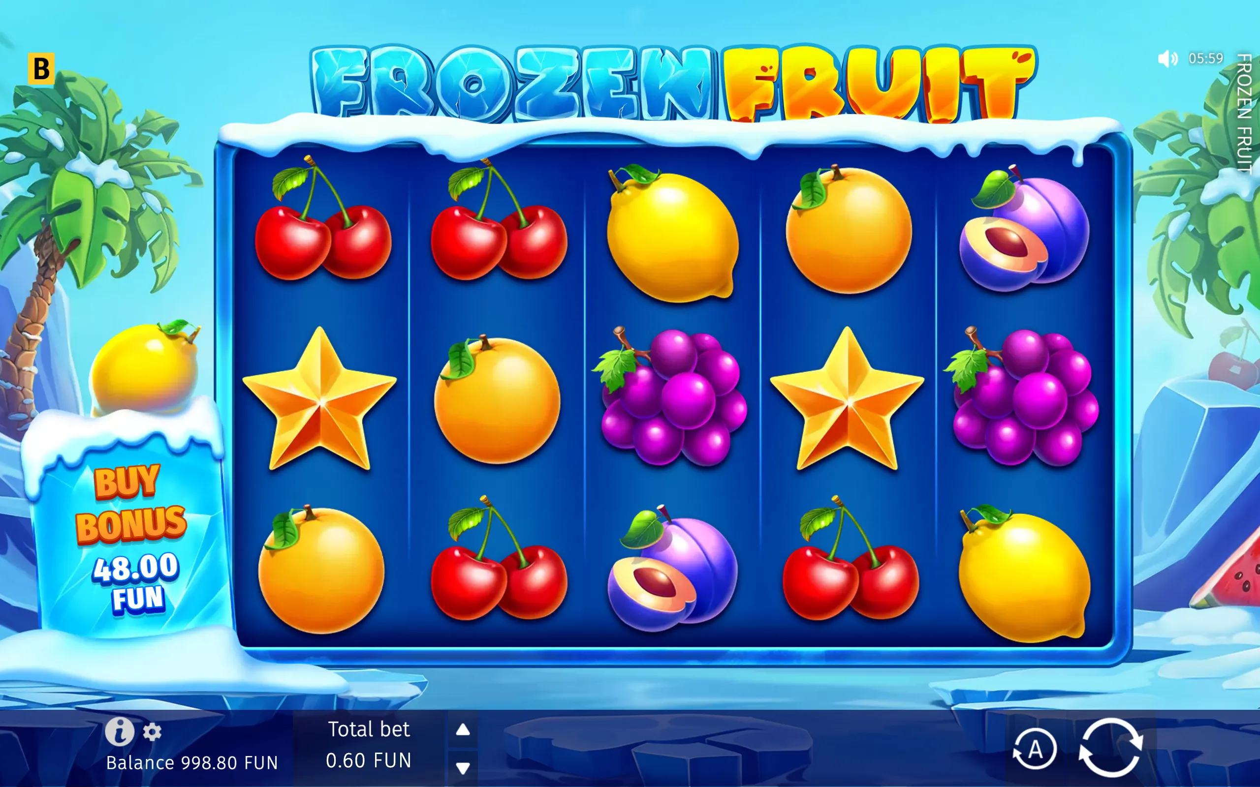 Frozen Fruit slot interface with icy blue reels filled with cherries, lemons, oranges, plums, grapes and golden star symbols, surrounded by snow-covered tropical scenery.
