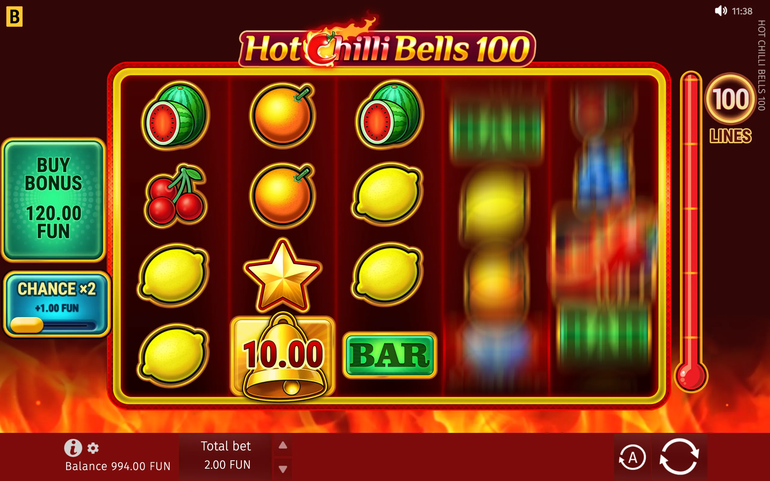 Hot Chilli Bells 100 slot interface with flaming title, fruit and BAR symbols, a 10.00 bell symbol, spinning reels, and bonus controls.