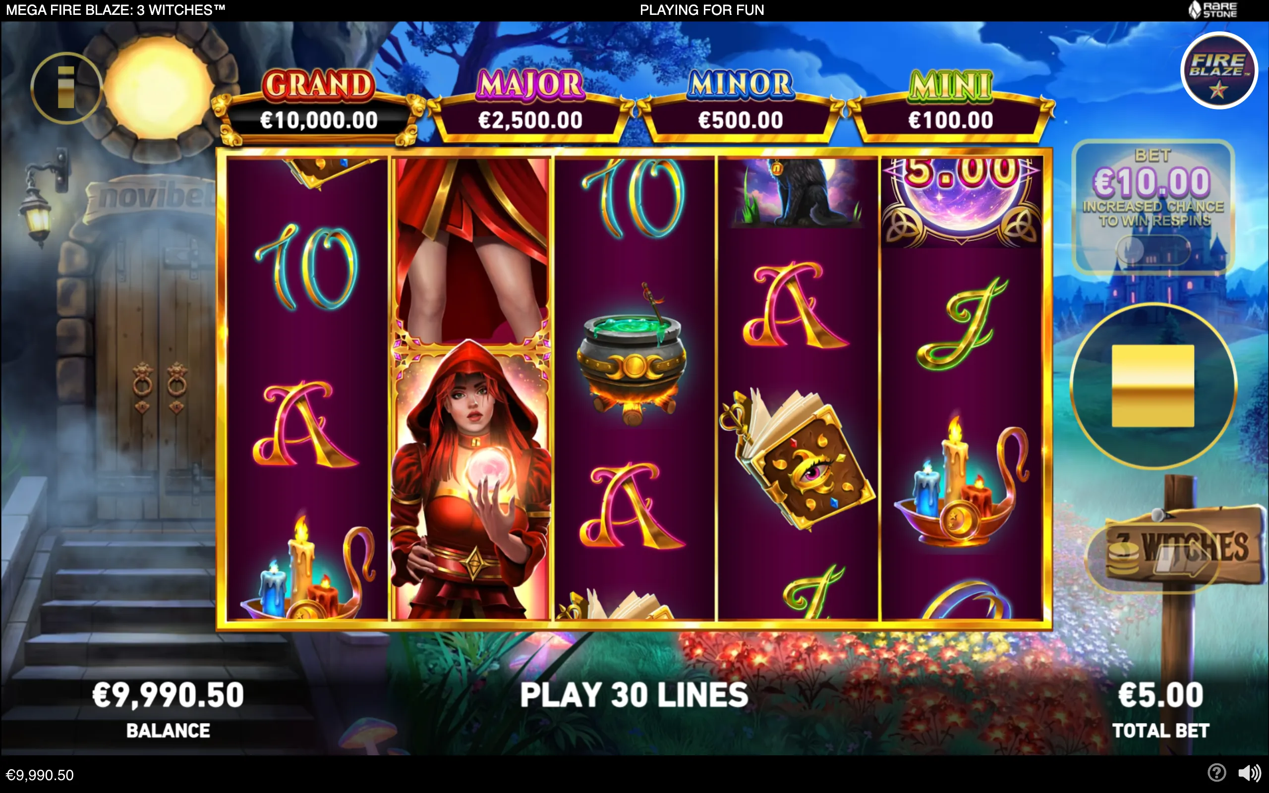 Fantasy-themed slot interface featuring a red-haired witch, glowing potion cauldron, enchanted book, candles, and ornate reels beneath Grand, Major, Minor, and Mini jackpot banners.