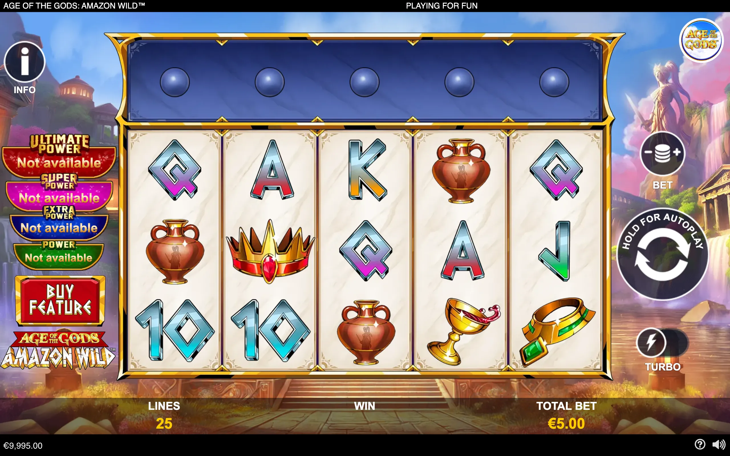 Age of the Gods: Amazon Wild slot interface with five reels, colorful letter symbols, ornate vases, a crown, goblets and jewelry against a classical Amazonian temple landscape.