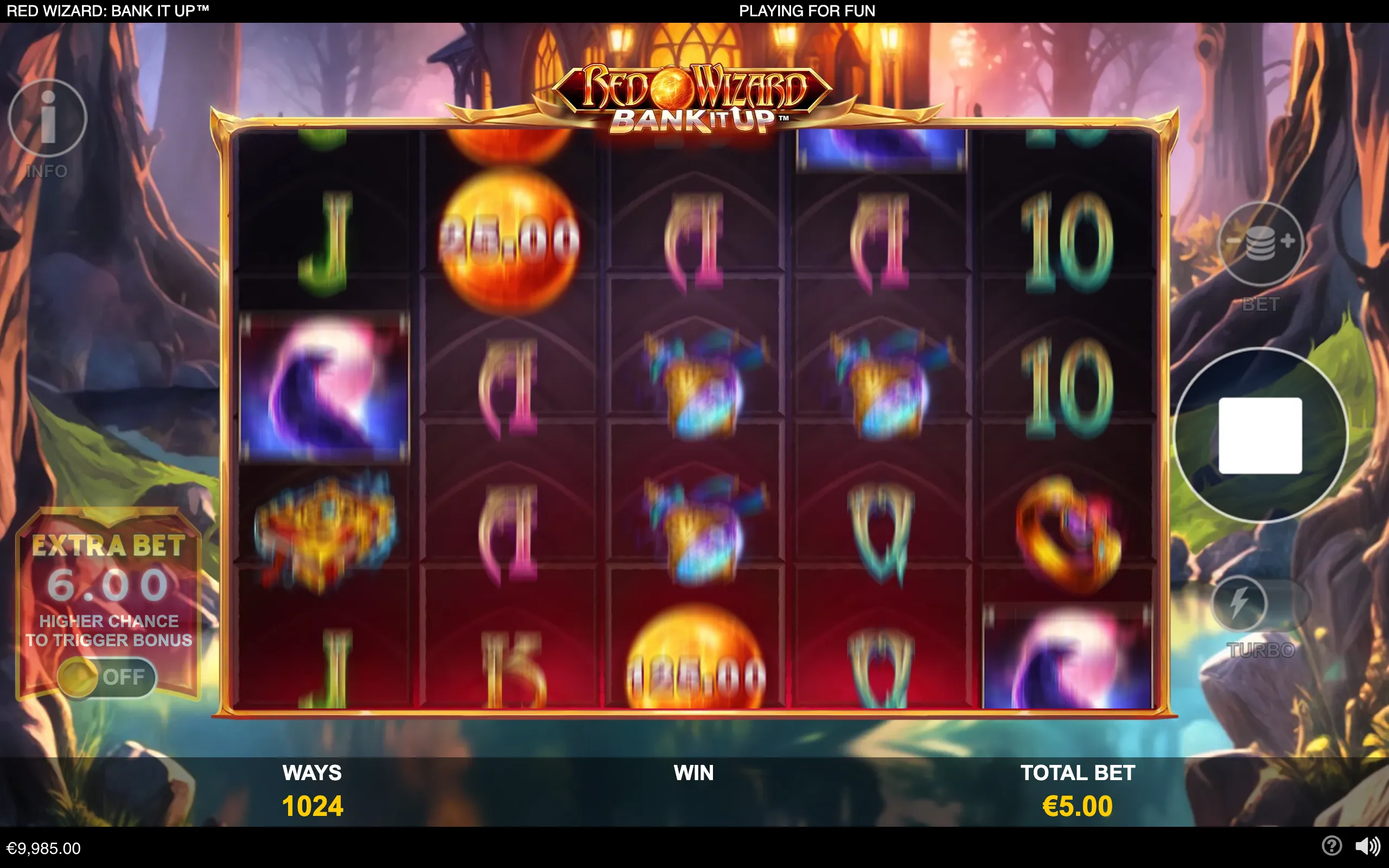 Red Wizard: Bank It Up slot interface with five spinning reels, colorful letter symbols, glowing coin-value symbols, and a golden-framed fantasy forest backdrop.