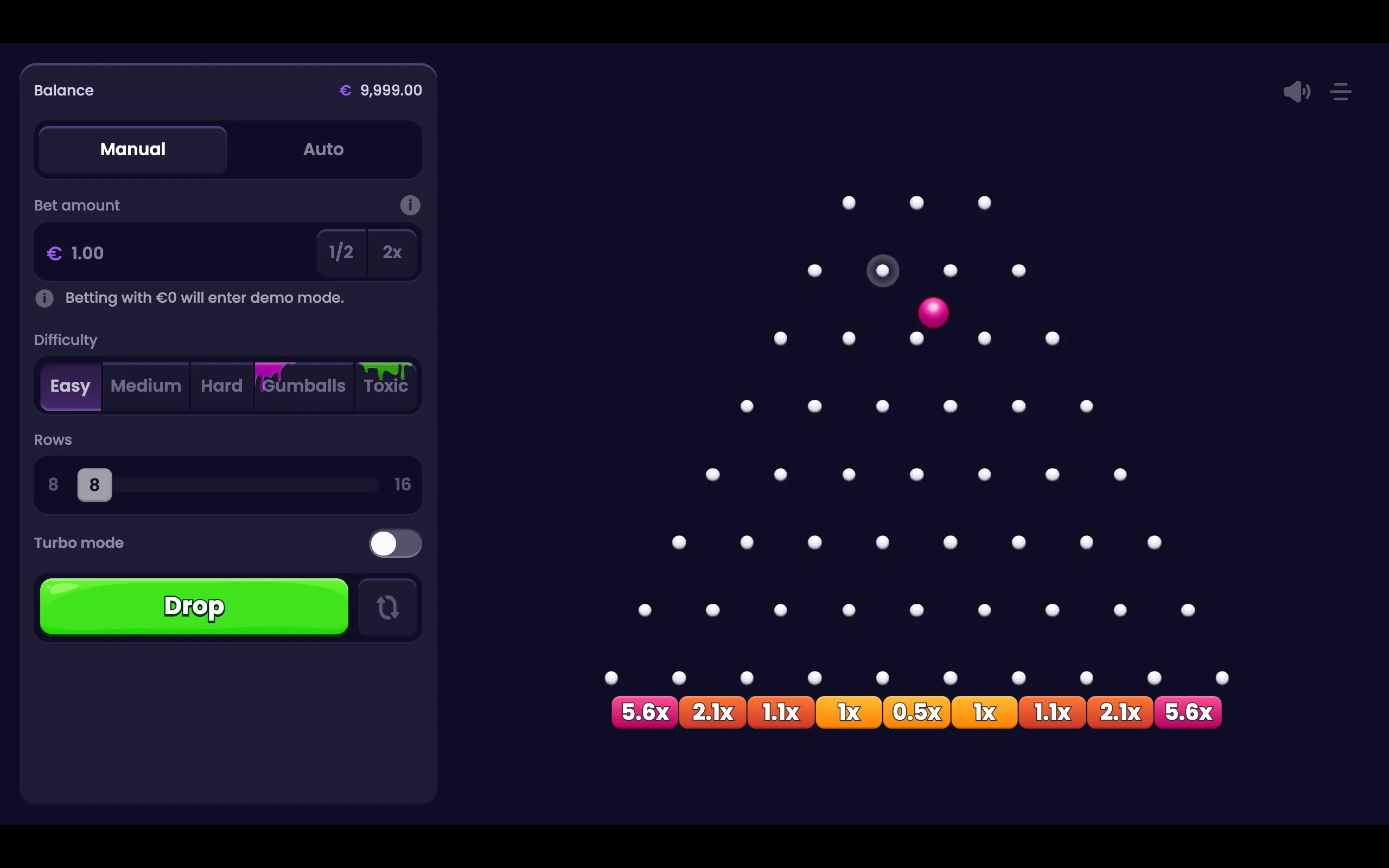 Plinko slot interface with a glowing pink ball descending through rows of white pegs toward multiplier slots ranging from 0.5x to 5.6x, alongside betting and difficulty controls.