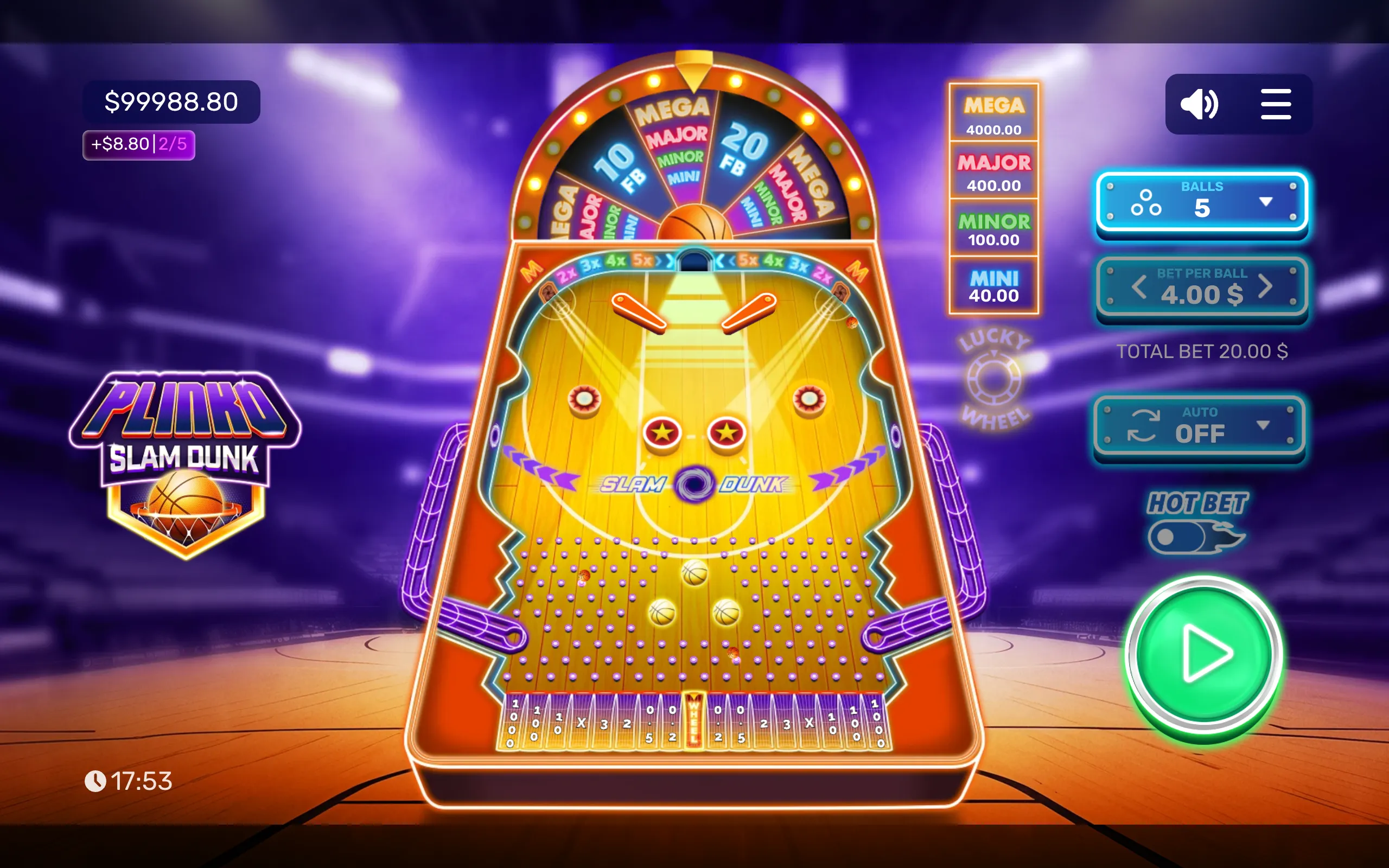 Plinko Slam Dunk slot interface with a glowing basketball-themed Plinko board, bouncing balls, jackpot wheel, multiplier lanes, and neon arcade court backdrop.