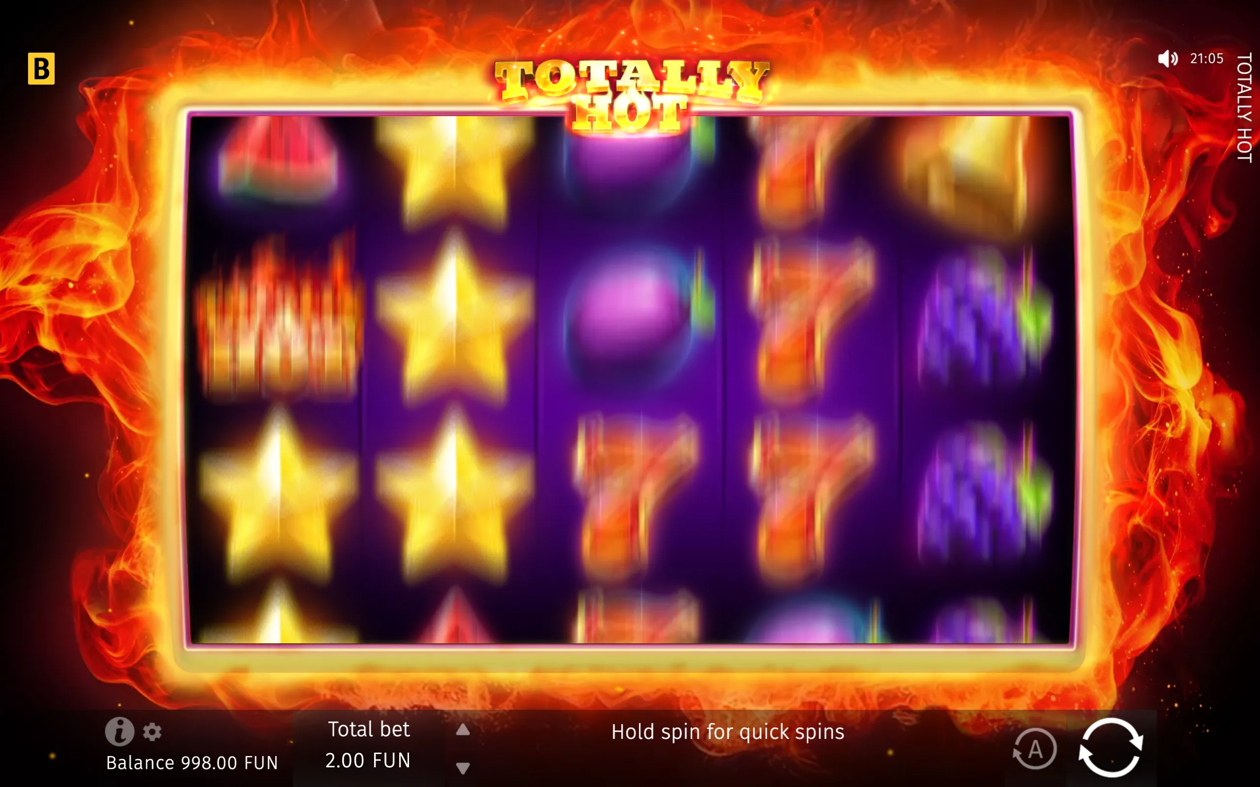 Totally Hot slot game with blurred spinning reels, glowing star symbols, classic fruit and bar icons, and a fiery orange-red frame.
