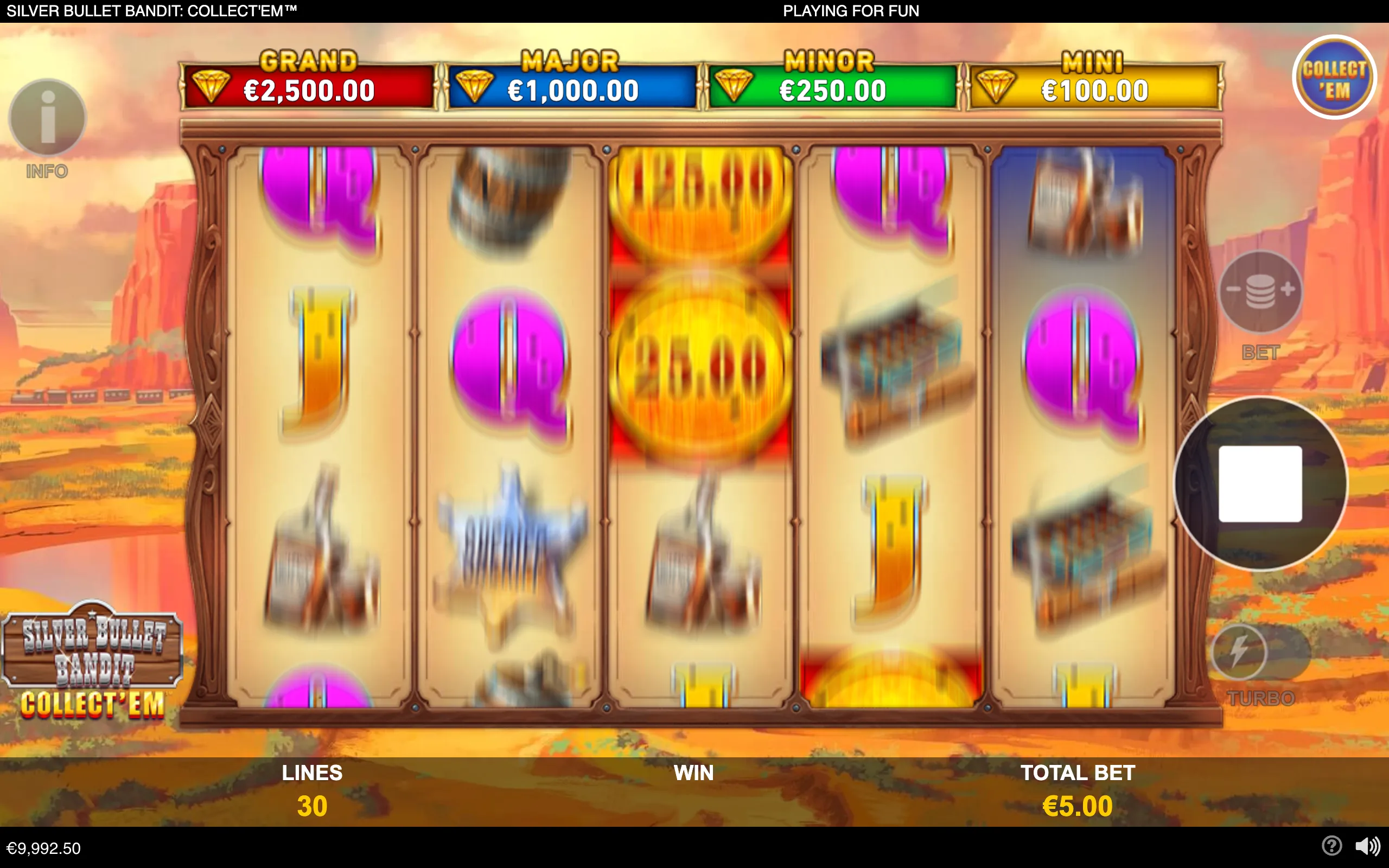 Western-themed slot interface with spinning reels, colorful collect-style symbols, jackpot meters, and a desert canyon landscape.